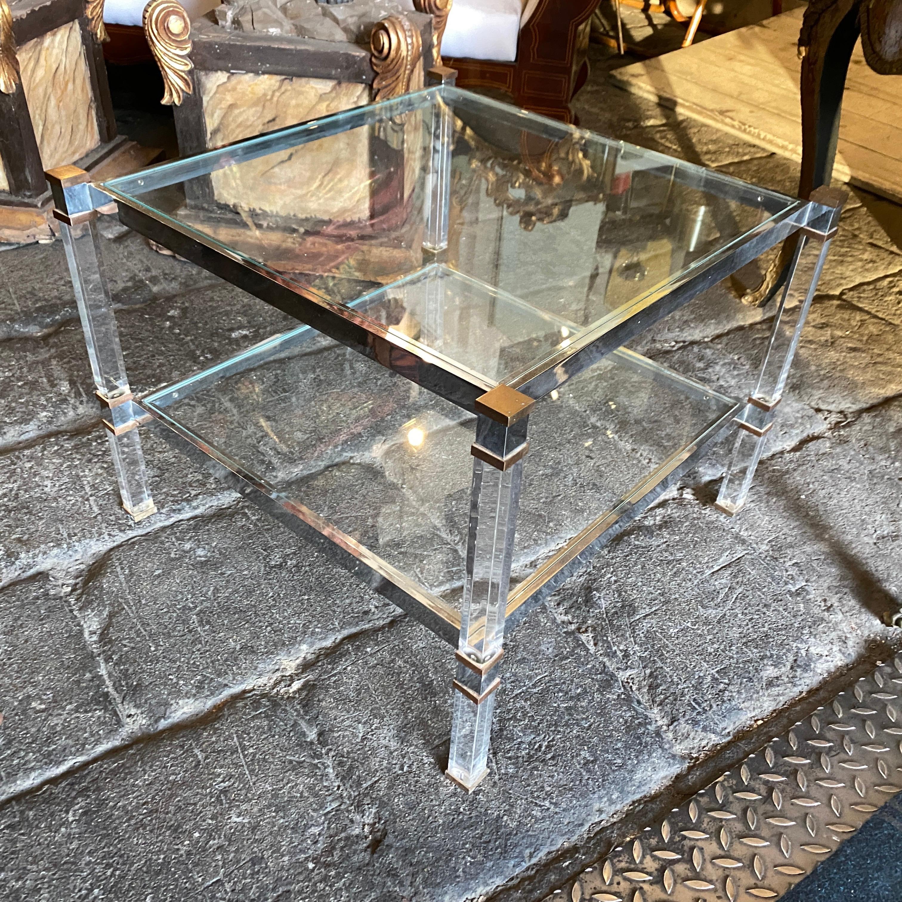20th Century 1970s Mid-Century Modern Lucite and Brass Square Italian Coffee Table