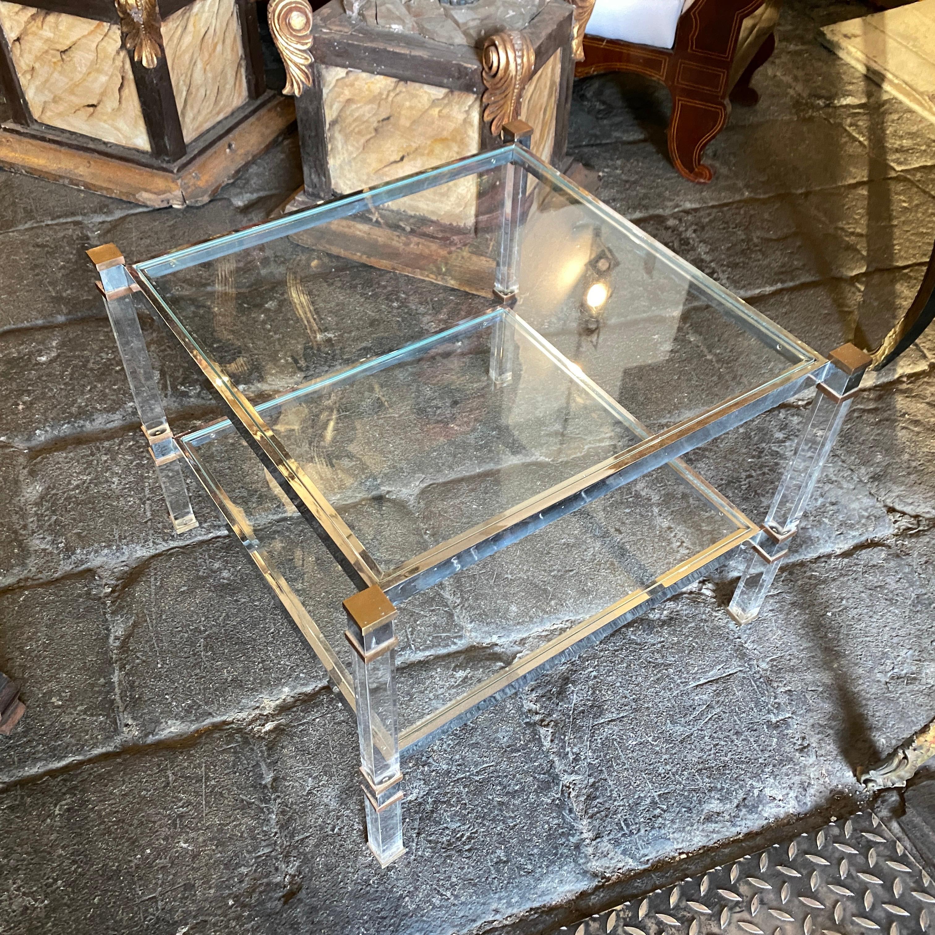 1970s Mid-Century Modern Lucite and Brass Square Italian Coffee Table 1