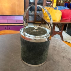 1970s Mid-Century Modern Metal and Green Moleskin Ice Bucket Glacette by Lidian