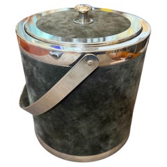 1970s Mid-Century Modern Metal and Green Moleskin Ice Bucket Glacette by Lidian