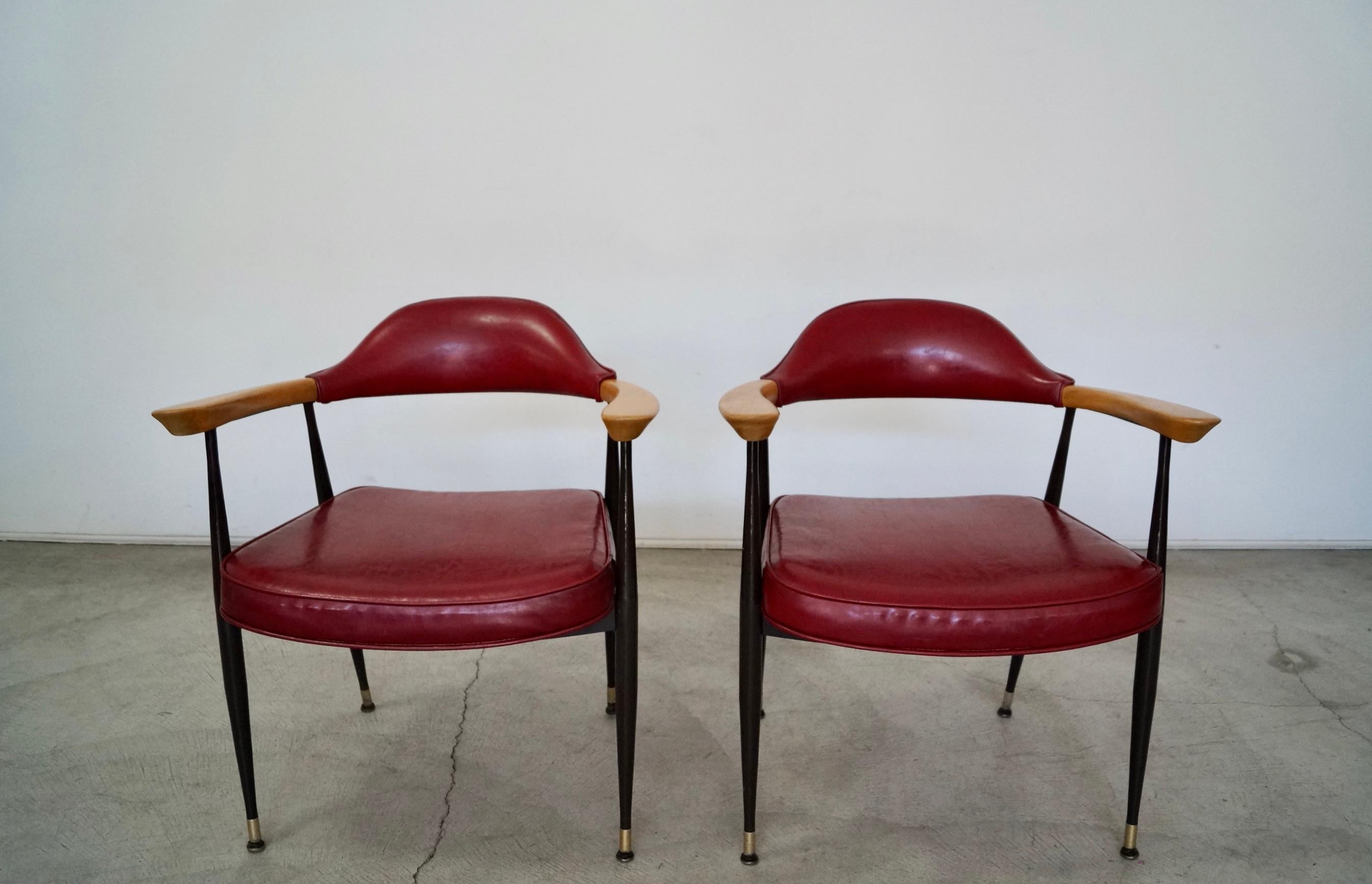 American 1970's Mid-Century Modern Metal & Wood Armchairs - a Pair For Sale