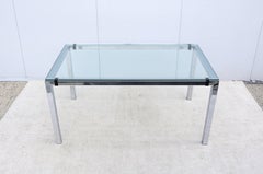Mesa de comedor de cristal y acero cromado estilo Milo Baughman de mediados de siglo XX