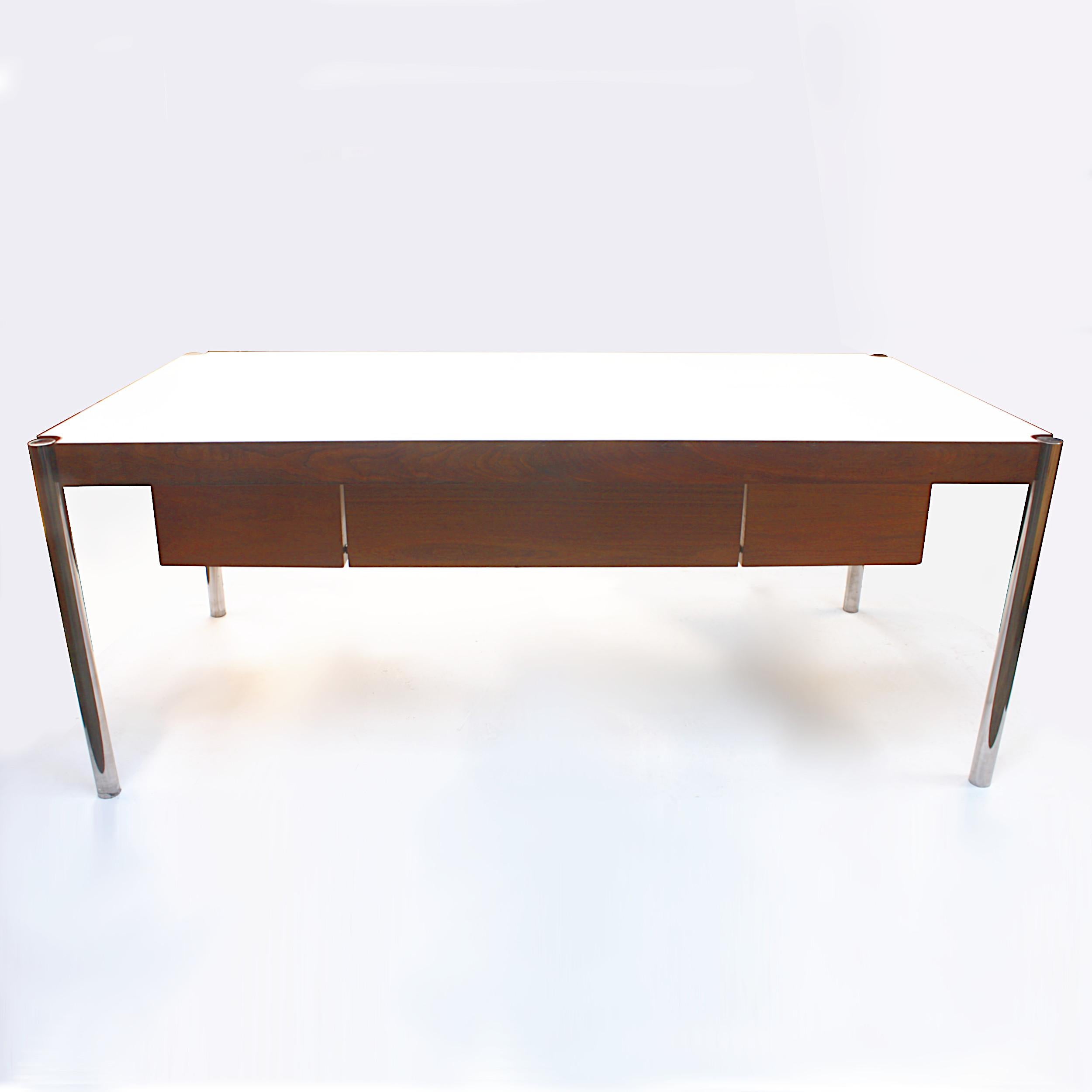 American 1970s Mid-Century Modern Minimalist Walnut & Chrome Executive Desk by Jens Risom