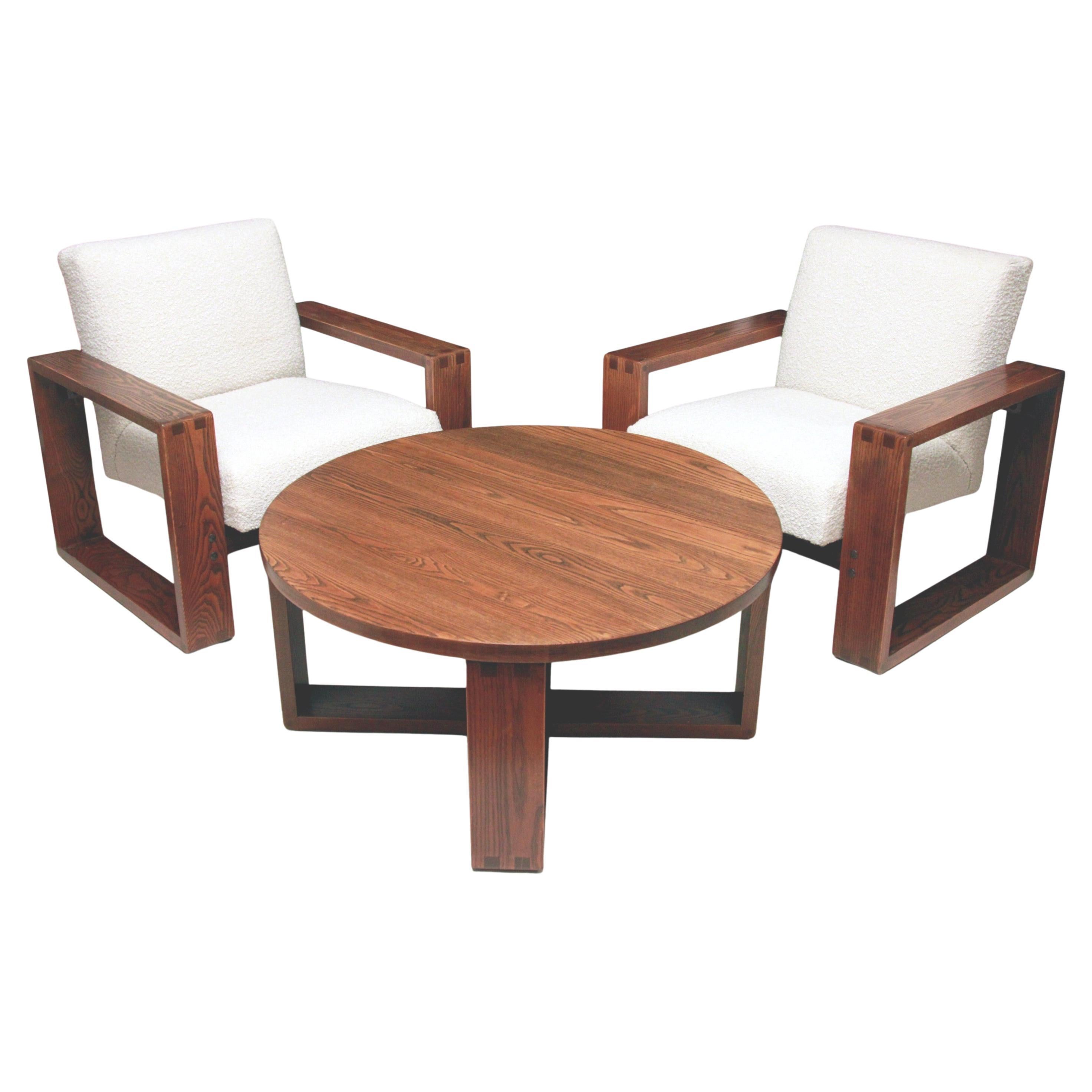 1970s Mid Century Modern Oak Lounge Club Chairs & Coffee Table by Hans Krieks