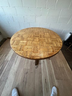 1970s Mid-Century Modern Oak Parquet Round Pedestal Breakfast Game Table 42 Inch