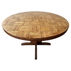 1970s Mid-Century Modern Oak Parquet Round Pedestal Breakfast Game Table 42 Inch