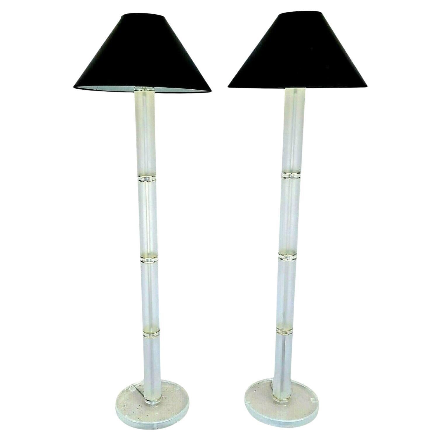 1970s Mid-Century Modern Optique Style Lucite & Brass Floor Lamps, a Pair For Sale
