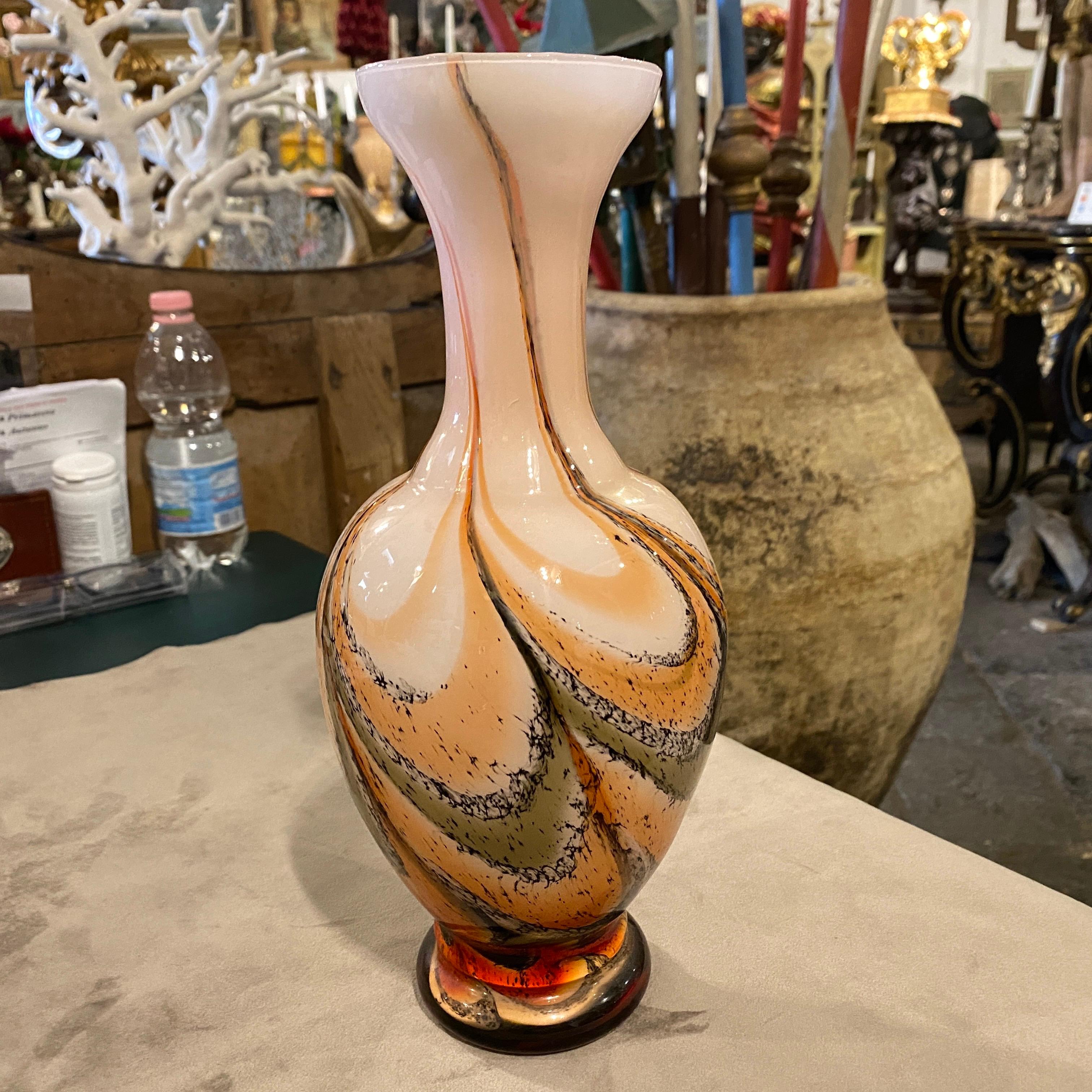 Opaline Glass 1970s Carlo Moretti Mid-Century Modern Orange and Brown Glass Italian Vase For Sale