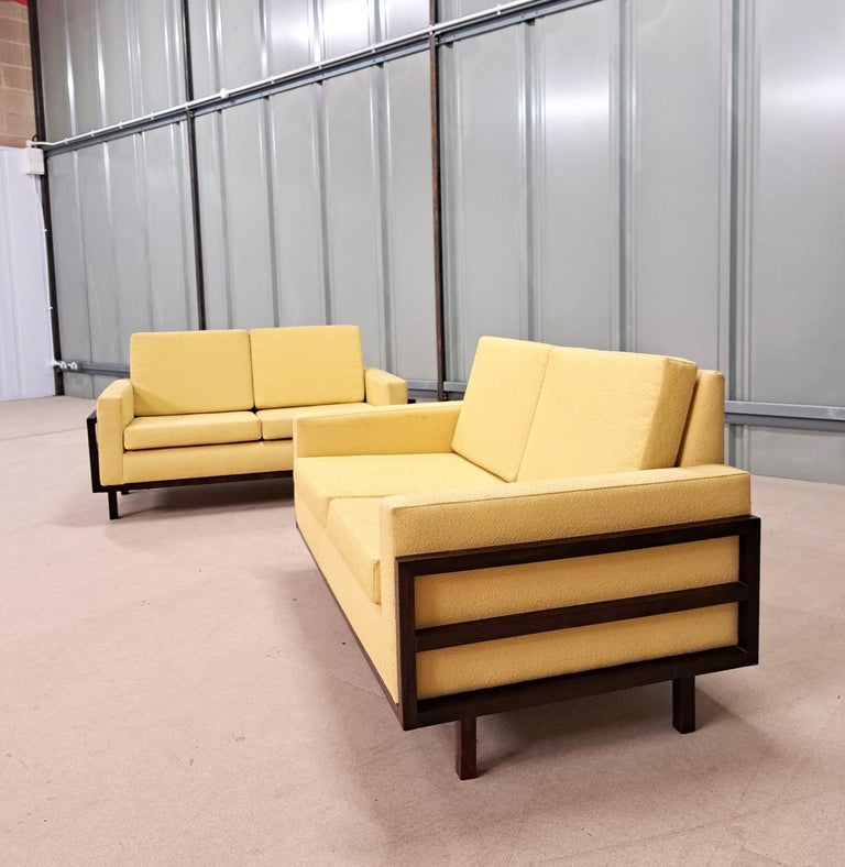 1970s Mid-Century Modern Pair of Rosewood Sofas, in a Light Yellow ...