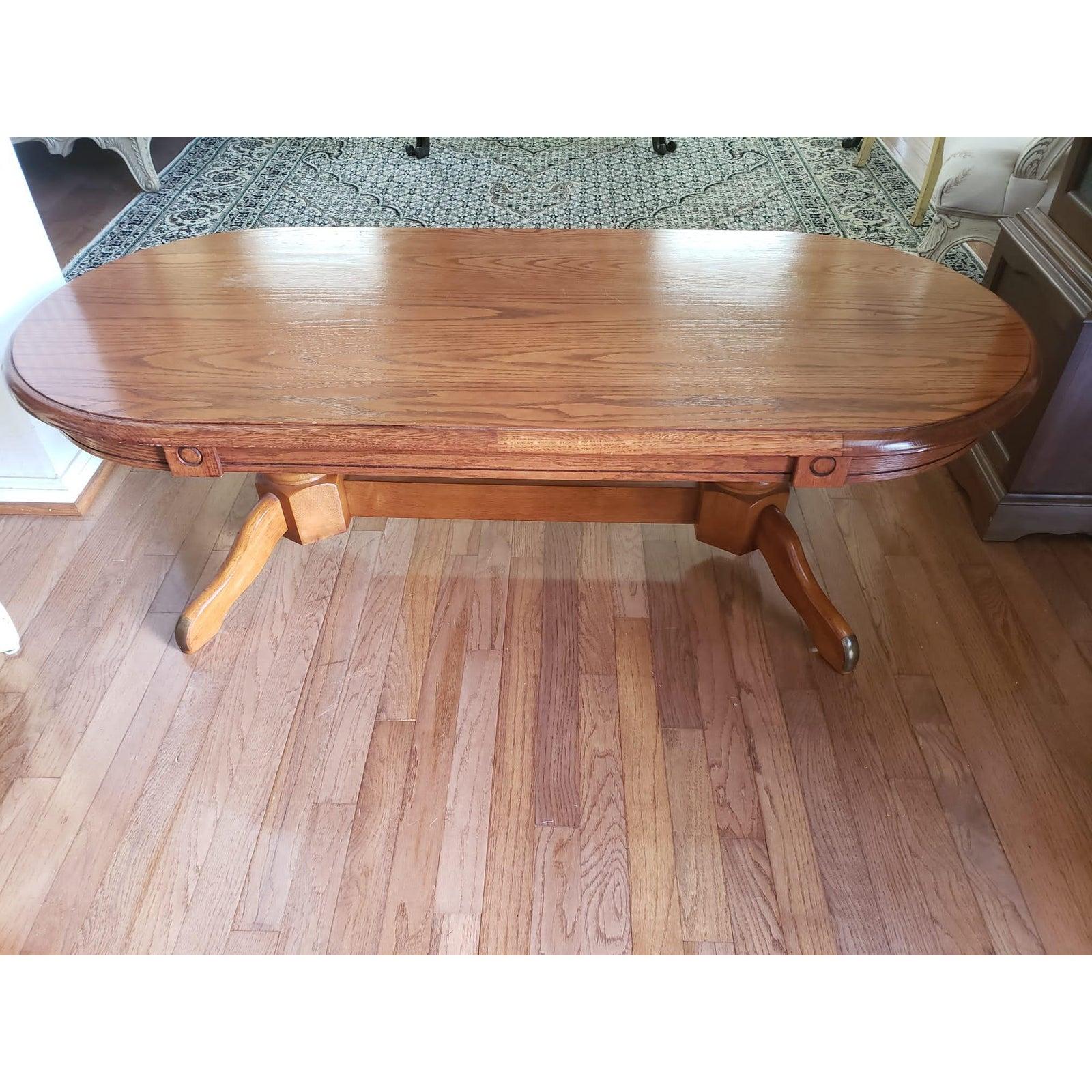 1970s Mid-Century Modern Pedestal Tiger Oak Coffee Table In Good Condition For Sale In Germantown, MD