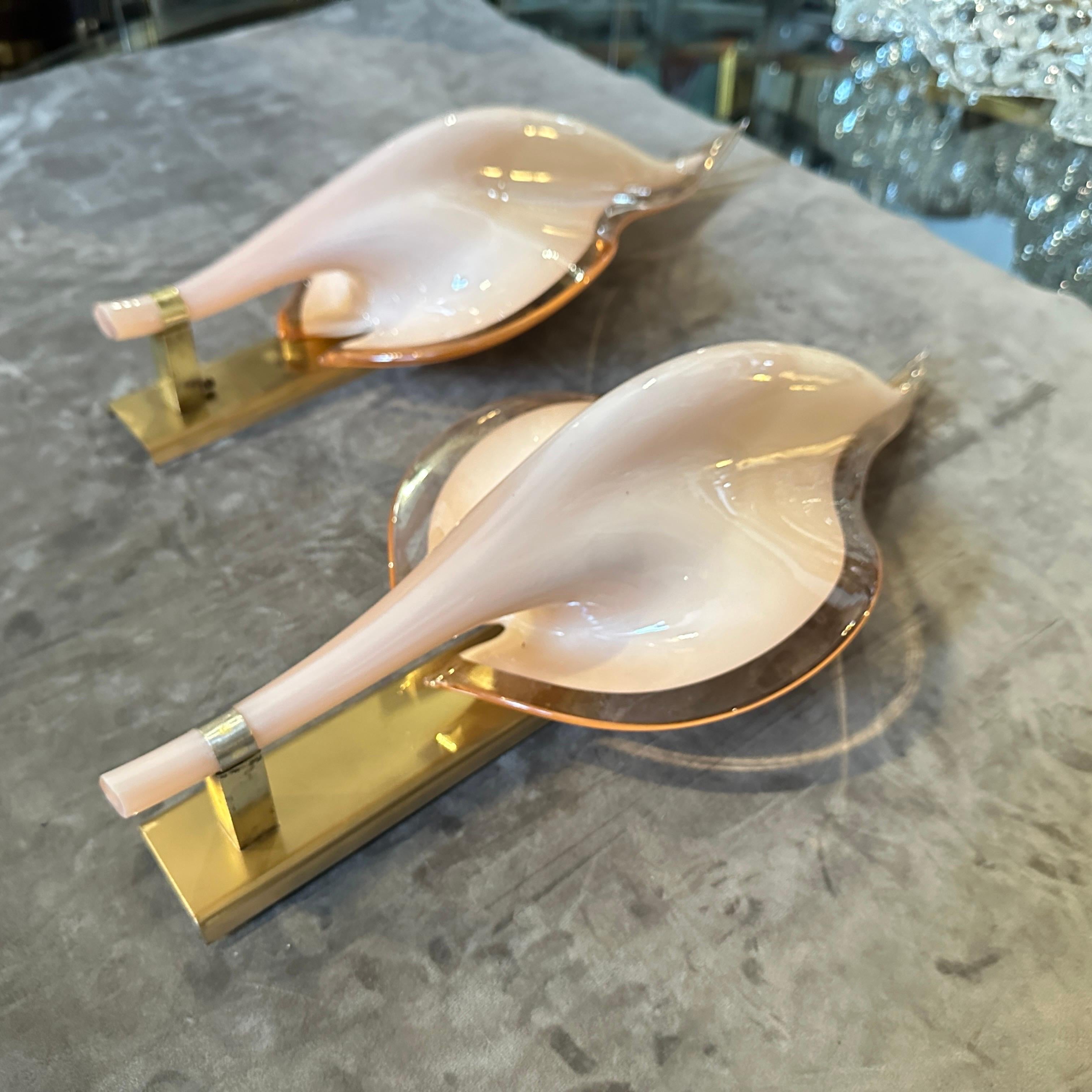 Two 1970s Mid-Century Modern Pink Murano Glass Leaf Wall Sconces by Franco Luce For Sale 6
