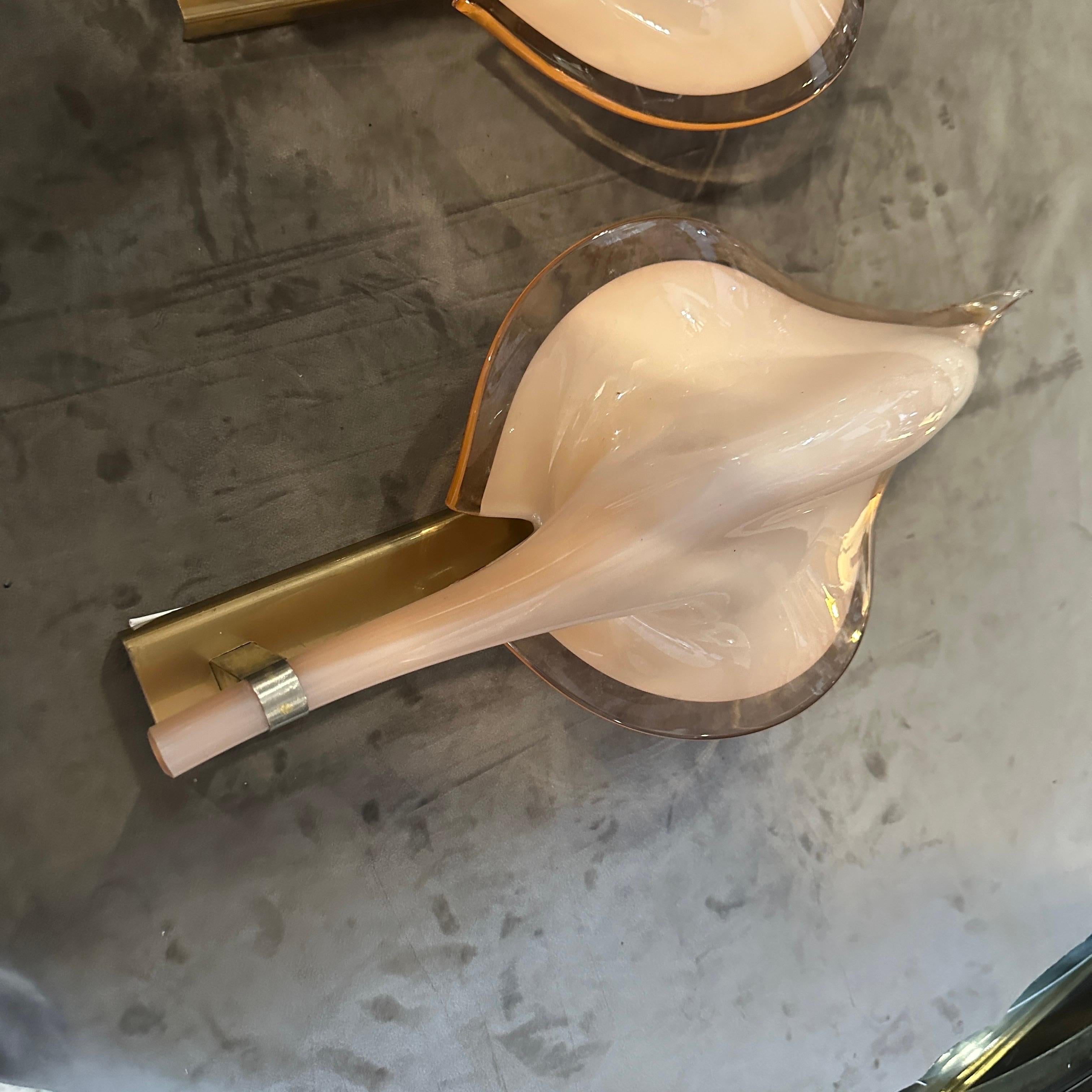 Two 1970s Mid-Century Modern Pink Murano Glass Leaf Wall Sconces by Franco Luce For Sale 9