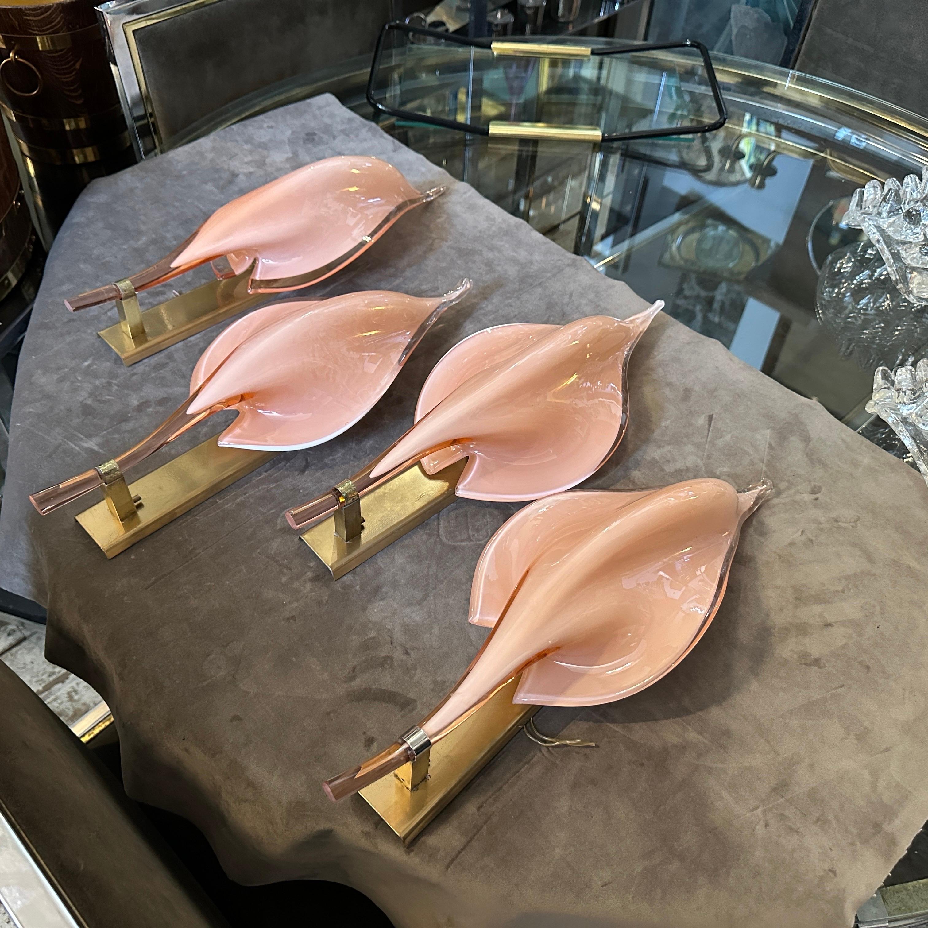 Italian Two 1970s Mid-Century Modern Pink Murano Glass Leaf Wall Sconces by Franco Luce For Sale
