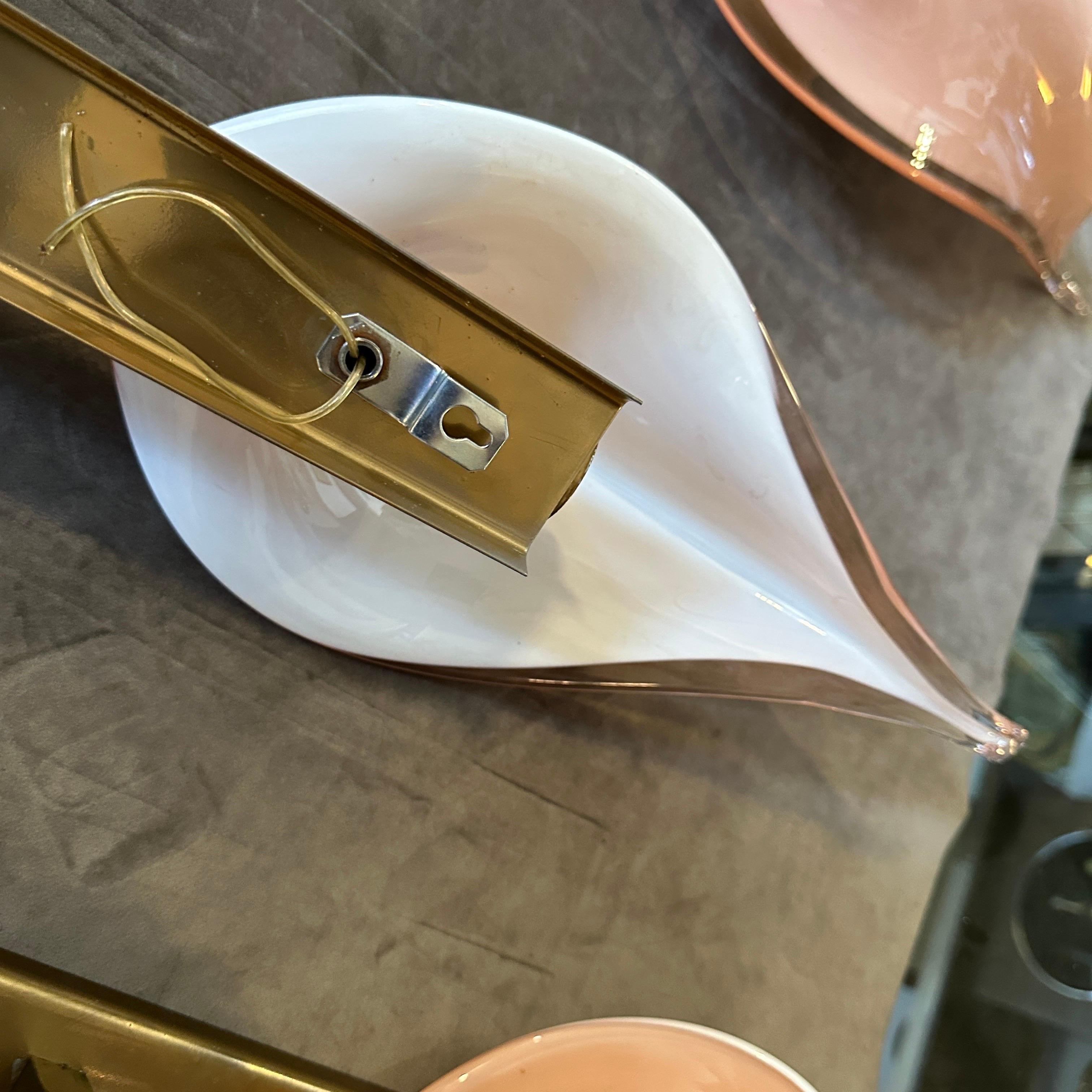 Metal Two 1970s Mid-Century Modern Pink Murano Glass Leaf Wall Sconces by Franco Luce For Sale