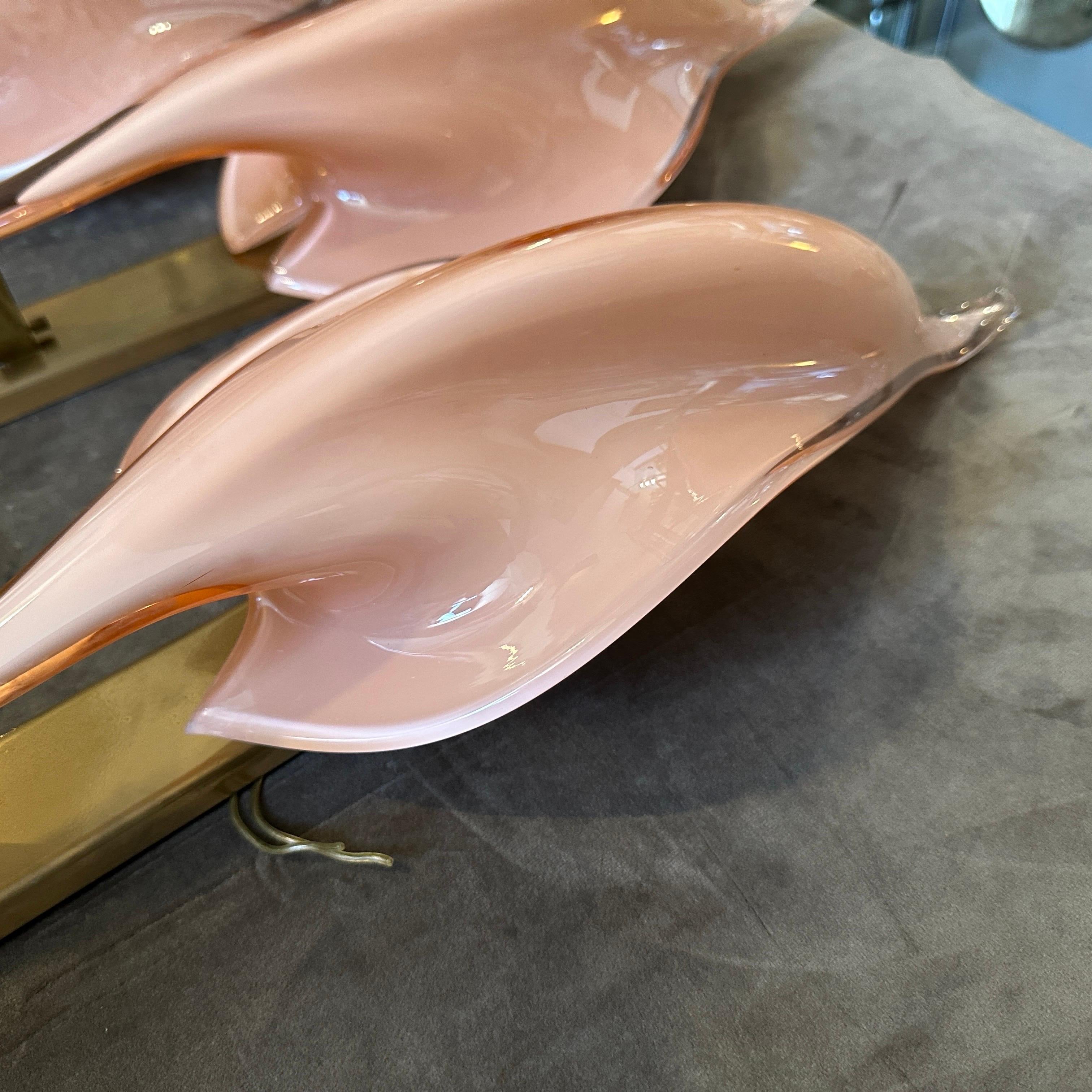 Two 1970s Mid-Century Modern Pink Murano Glass Leaf Wall Sconces by Franco Luce For Sale 1
