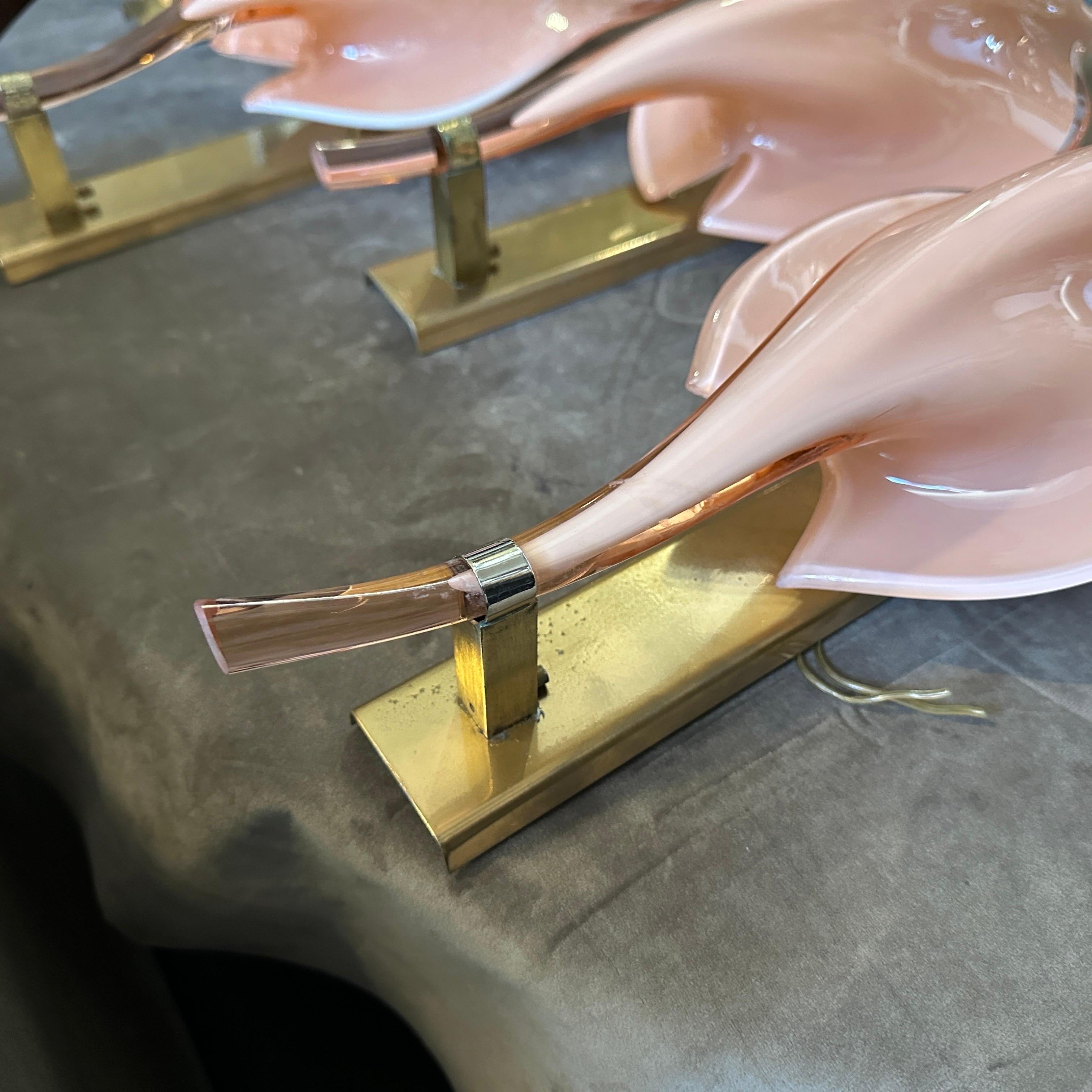 Two 1970s Mid-Century Modern Pink Murano Glass Leaf Wall Sconces by Franco Luce For Sale 2