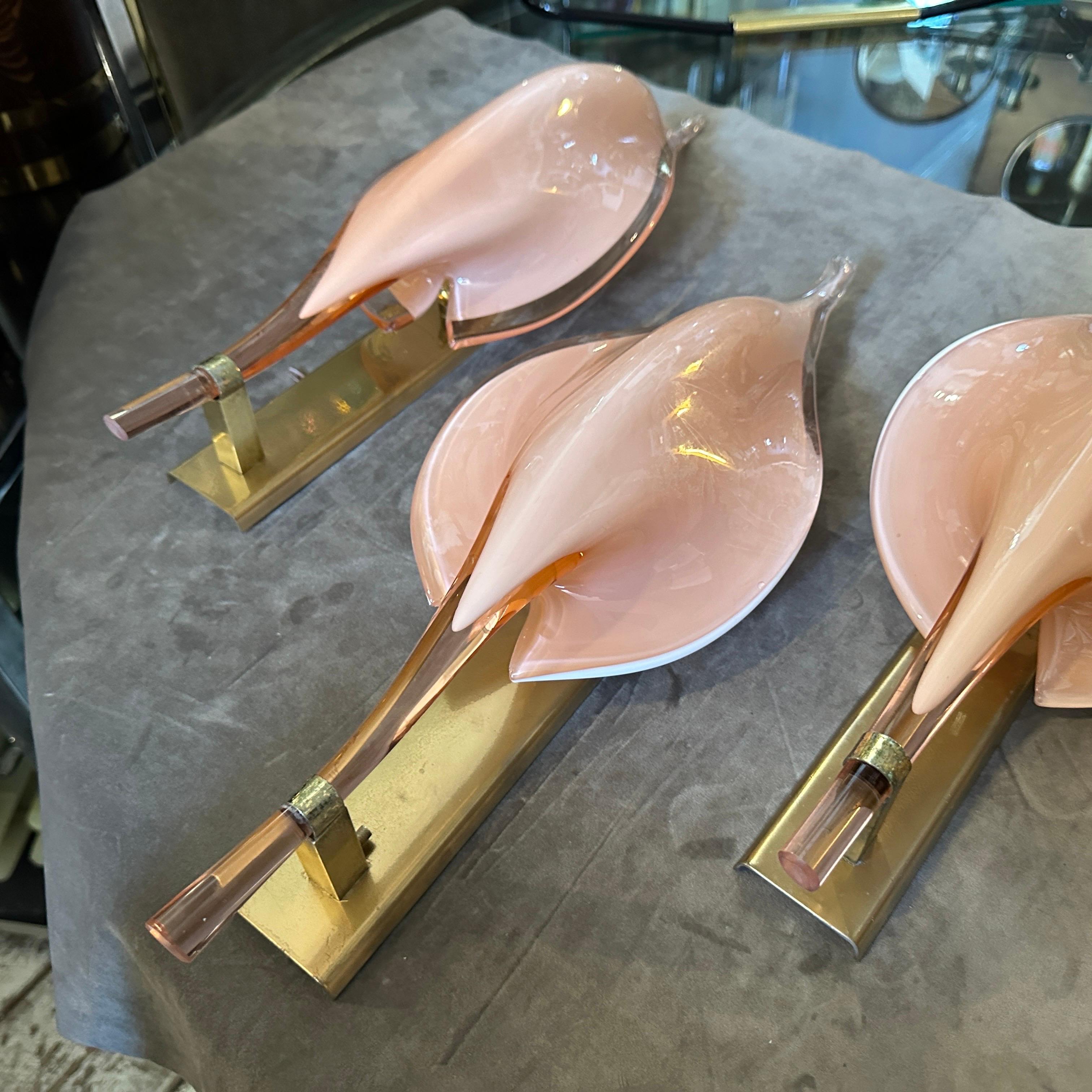 Two 1970s Mid-Century Modern Pink Murano Glass Leaf Wall Sconces by Franco Luce For Sale 3