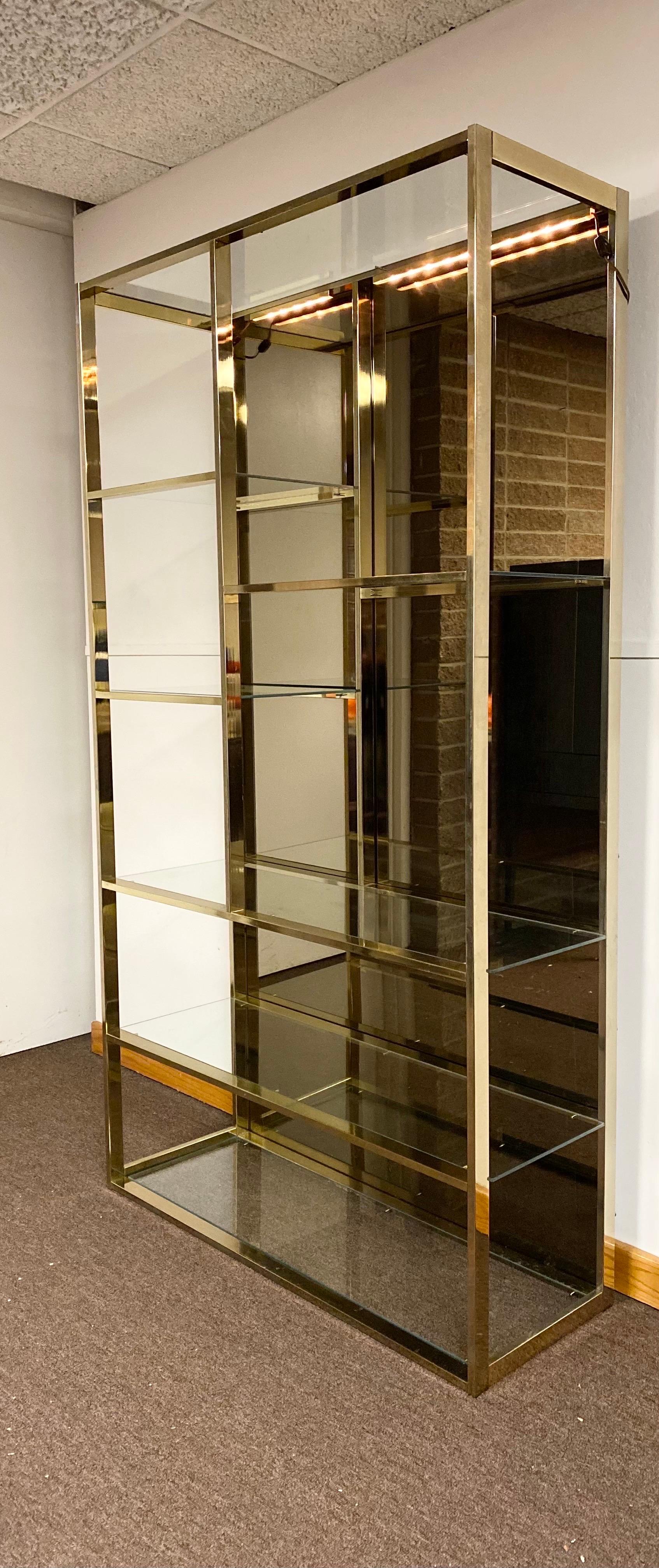 North American 1970s Mid-Century Modern Polished Brass Glass and Mirror Etagere
