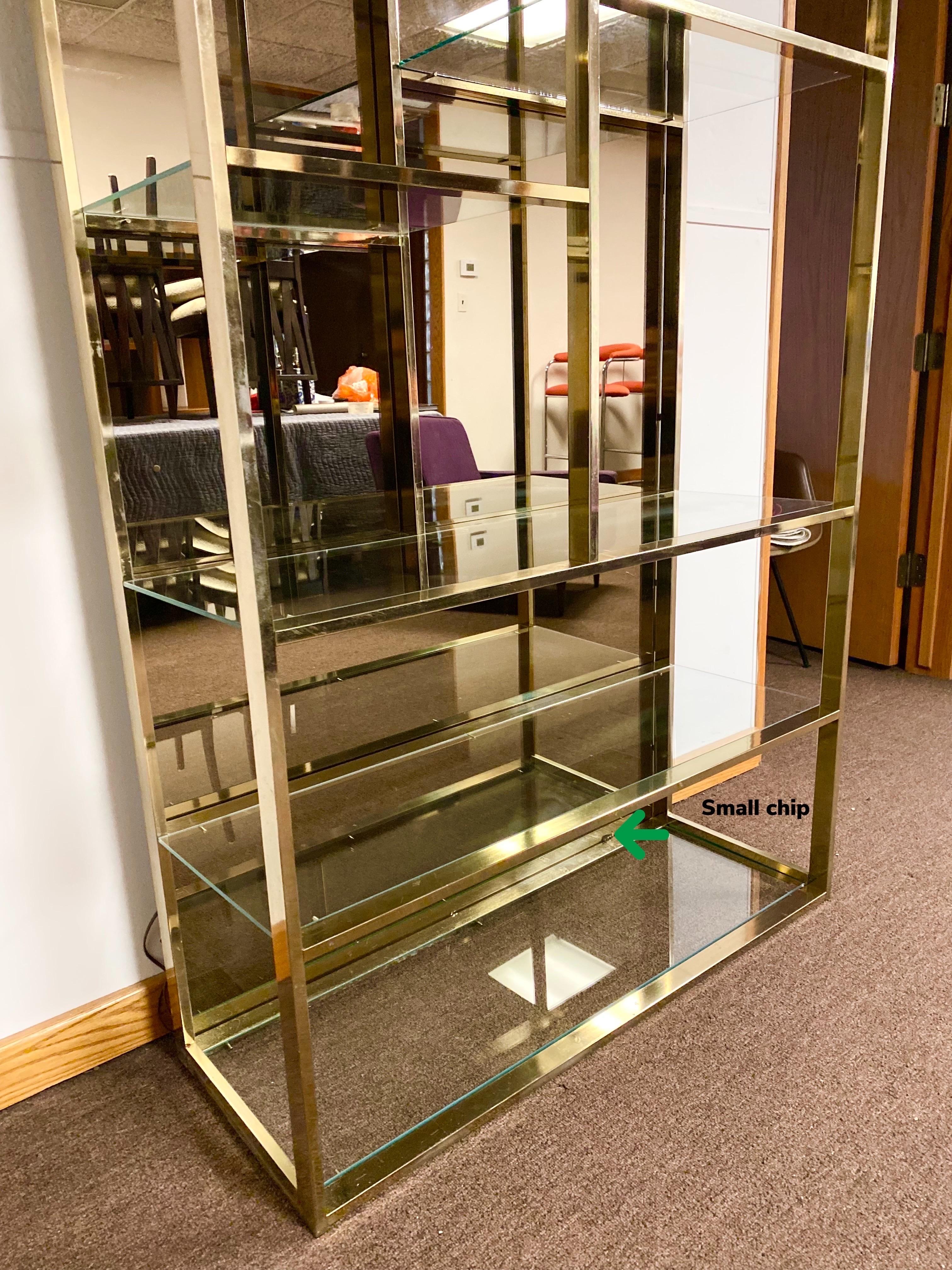 Late 20th Century 1970s Mid-Century Modern Polished Brass Glass and Mirror Etagere