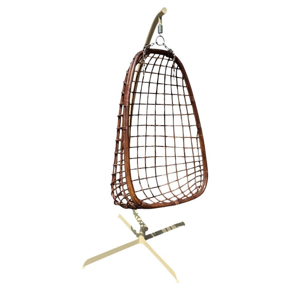 1970s Mid Century Modern Rattan Wicker Hanging Egg Chair