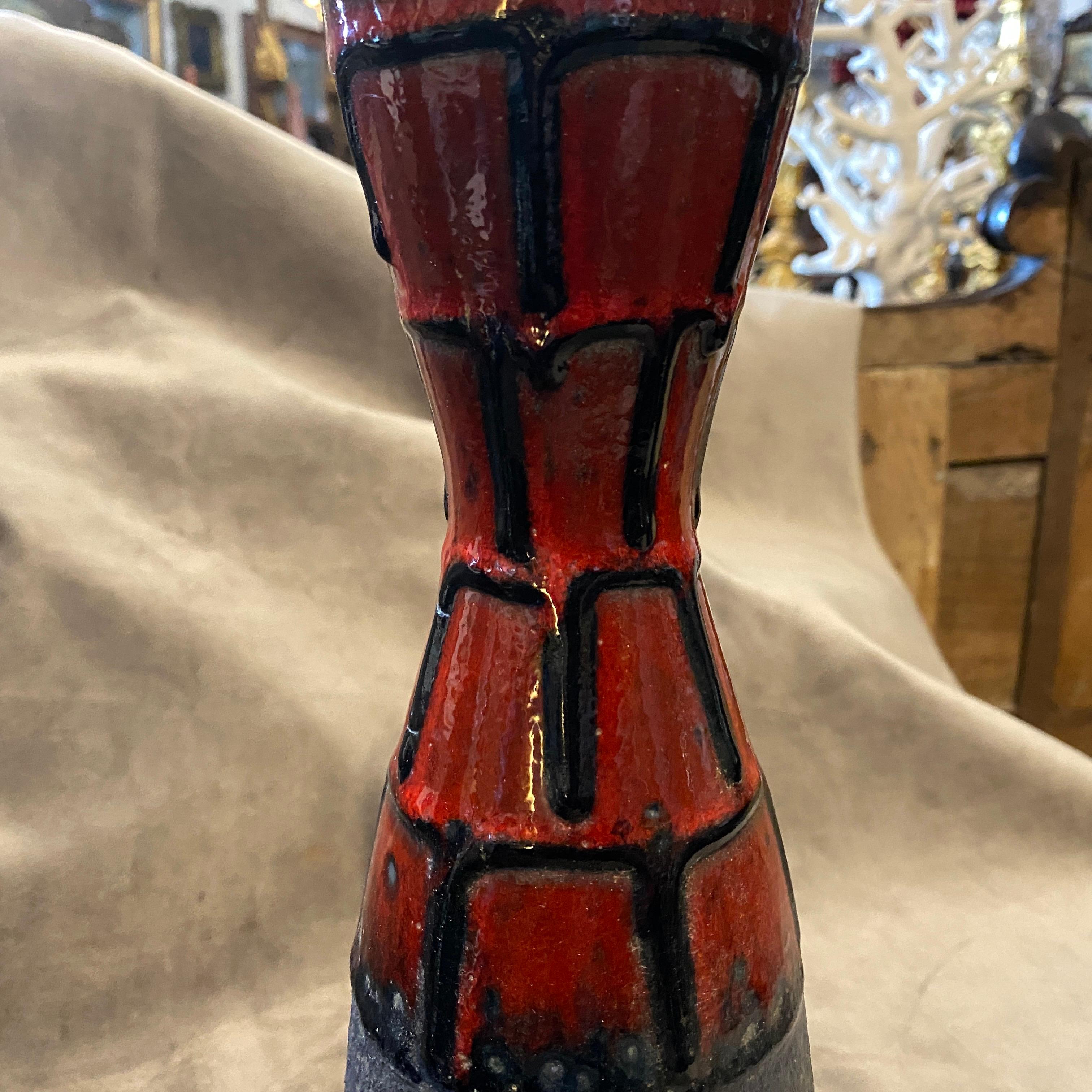 Hand-Crafted 1970s Mid-Century Modern Red and Black Fat Lava Ceramic Vase by Roth For Sale