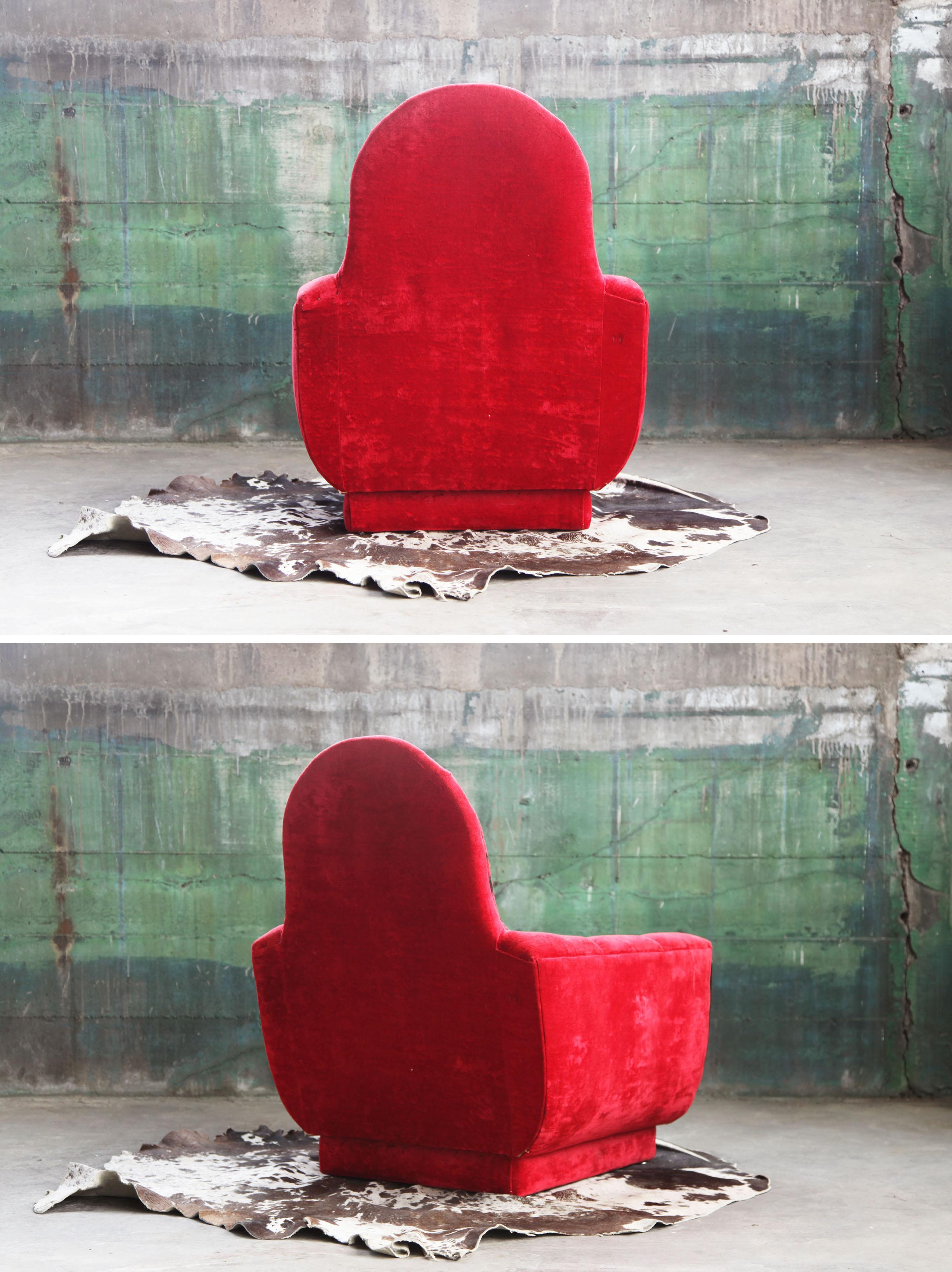 1970s Mid Century Modern Red Velvet Plinth Base Lounge Chair and Ottoman In Good Condition For Sale In Madison, WI