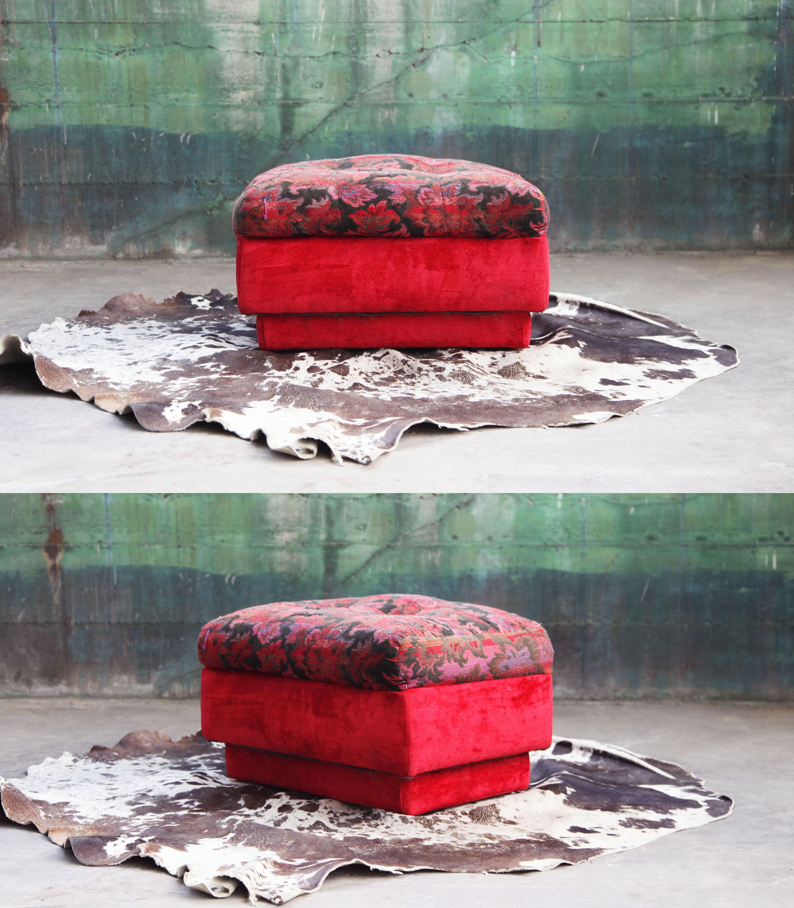 20th Century 1970s Mid Century Modern Red Velvet Plinth Base Lounge Chair and Ottoman For Sale