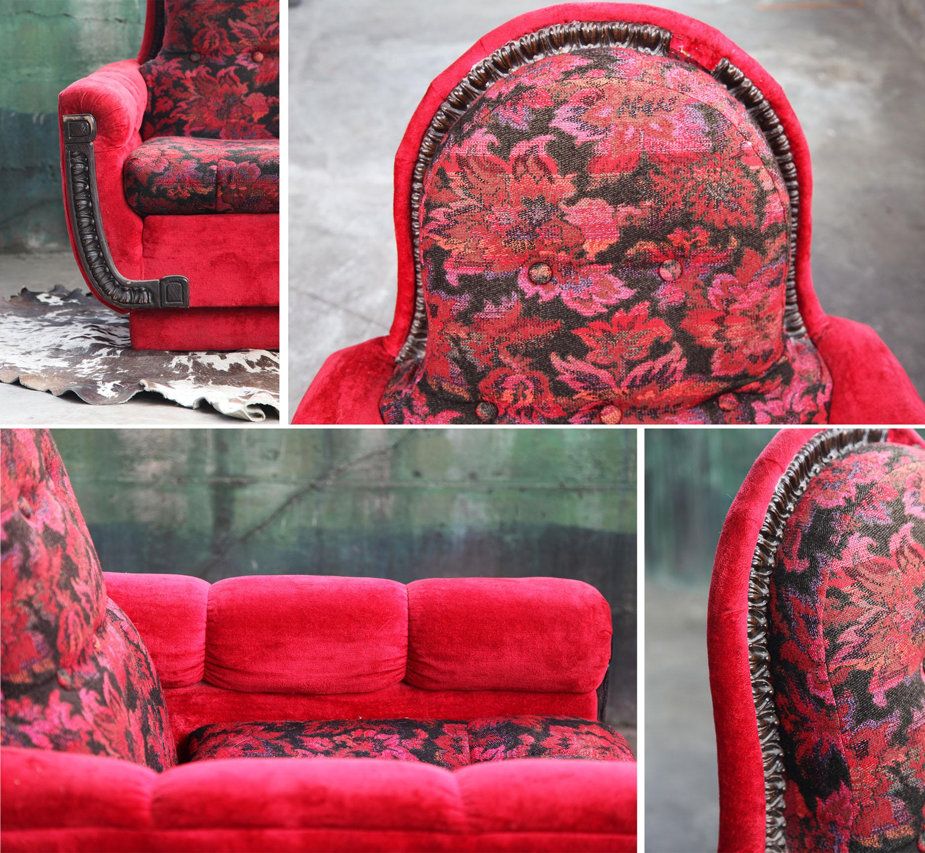 1970s Mid Century Modern Red Velvet Plinth Base Lounge Chair and Ottoman For Sale 1