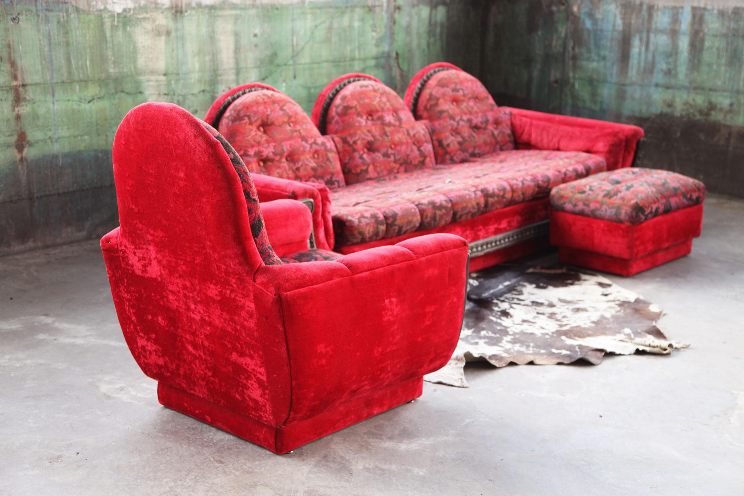 1970s Mid Century Modern Red Velvet Plinth Base Lounge Chair and Ottoman For Sale 3