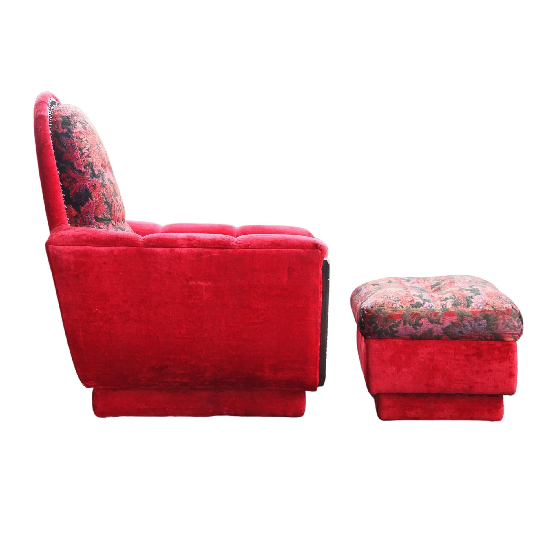 1970s Mid Century Modern Red Velvet Plinth Base Lounge Chair and Ottoman