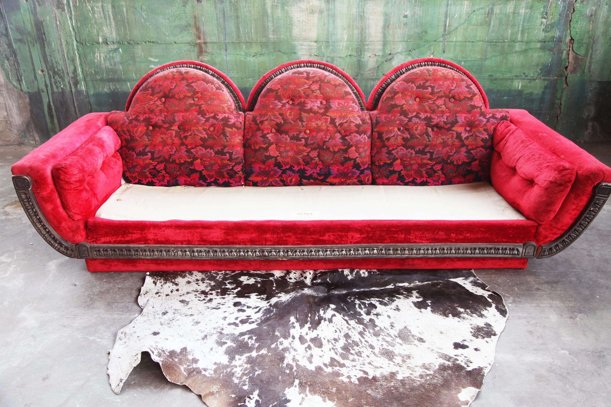 Mid-Century Modern 1970s Mid Century Modern Red Velvet Three Seater Plinth Base Sofa For Sale