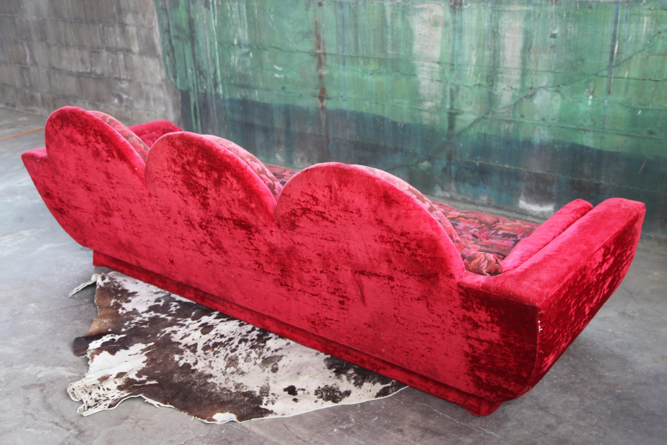American 1970s Mid Century Modern Red Velvet Three Seater Plinth Base Sofa For Sale