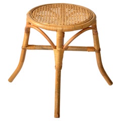 1970s Mid-Century Modern Round Handwoven Rattan Drum Side Drink Table Low Stool