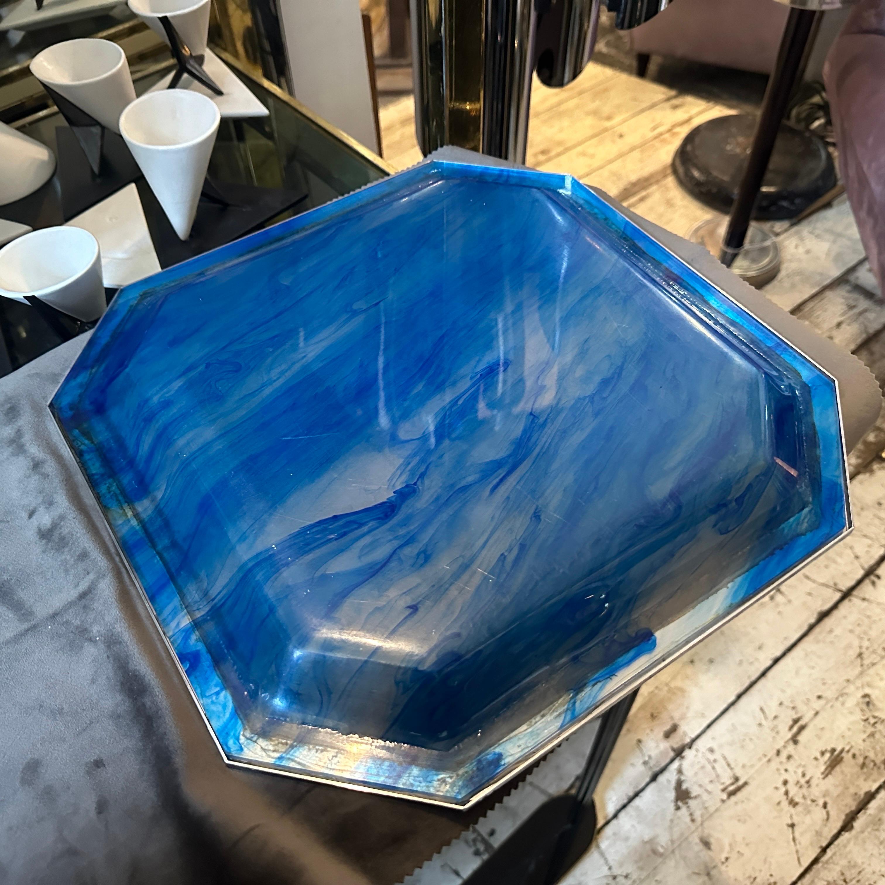 1970s  Mid-Century Modern Sea Effect Lucite and Silver Plate Octagonal Tray For Sale 5