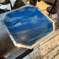 1970s  Mid-Century Modern Sea Effect Lucite and Silver Plate Octagonal Tray