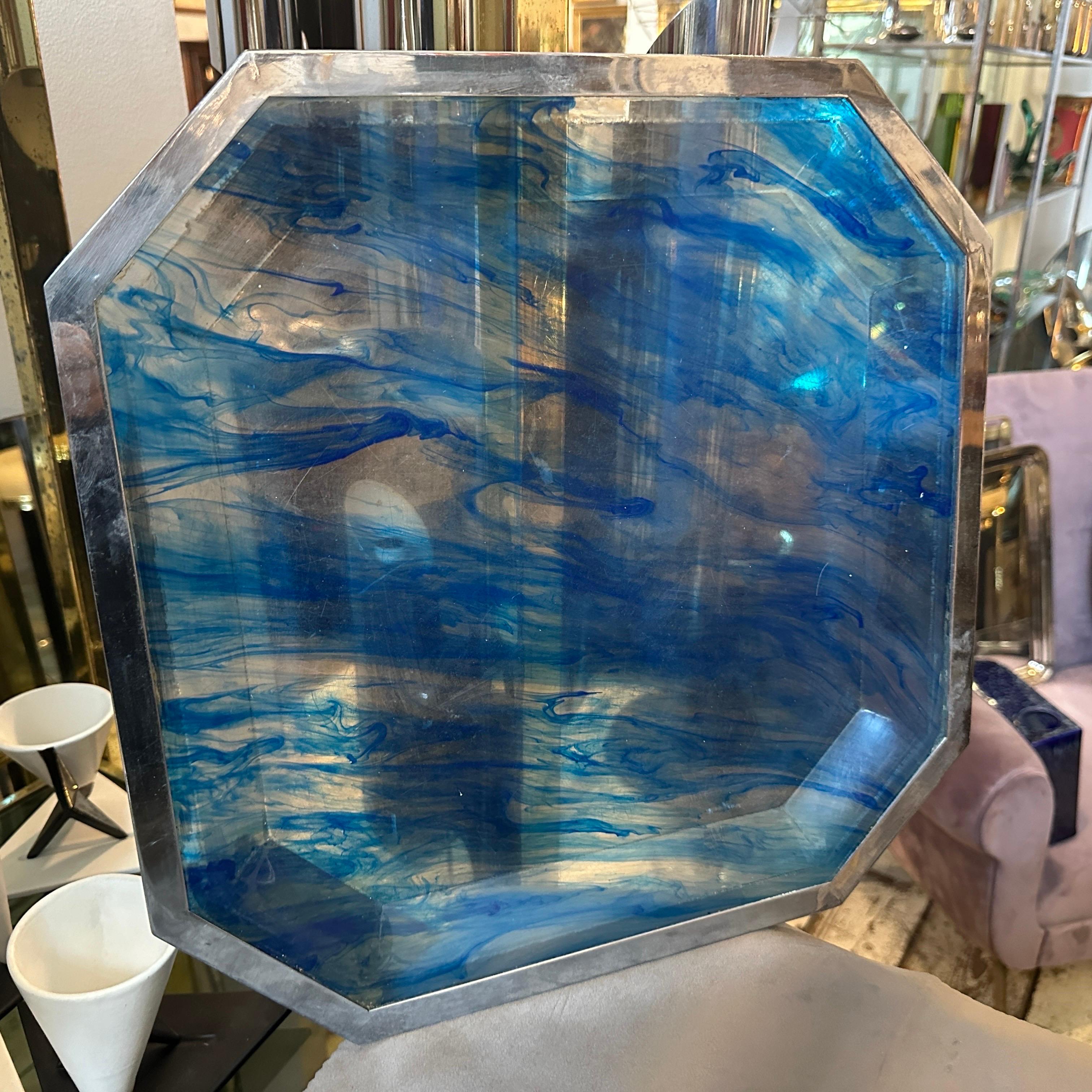 Italian 1970s  Mid-Century Modern Sea Effect Lucite and Silver Plate Octagonal Tray For Sale