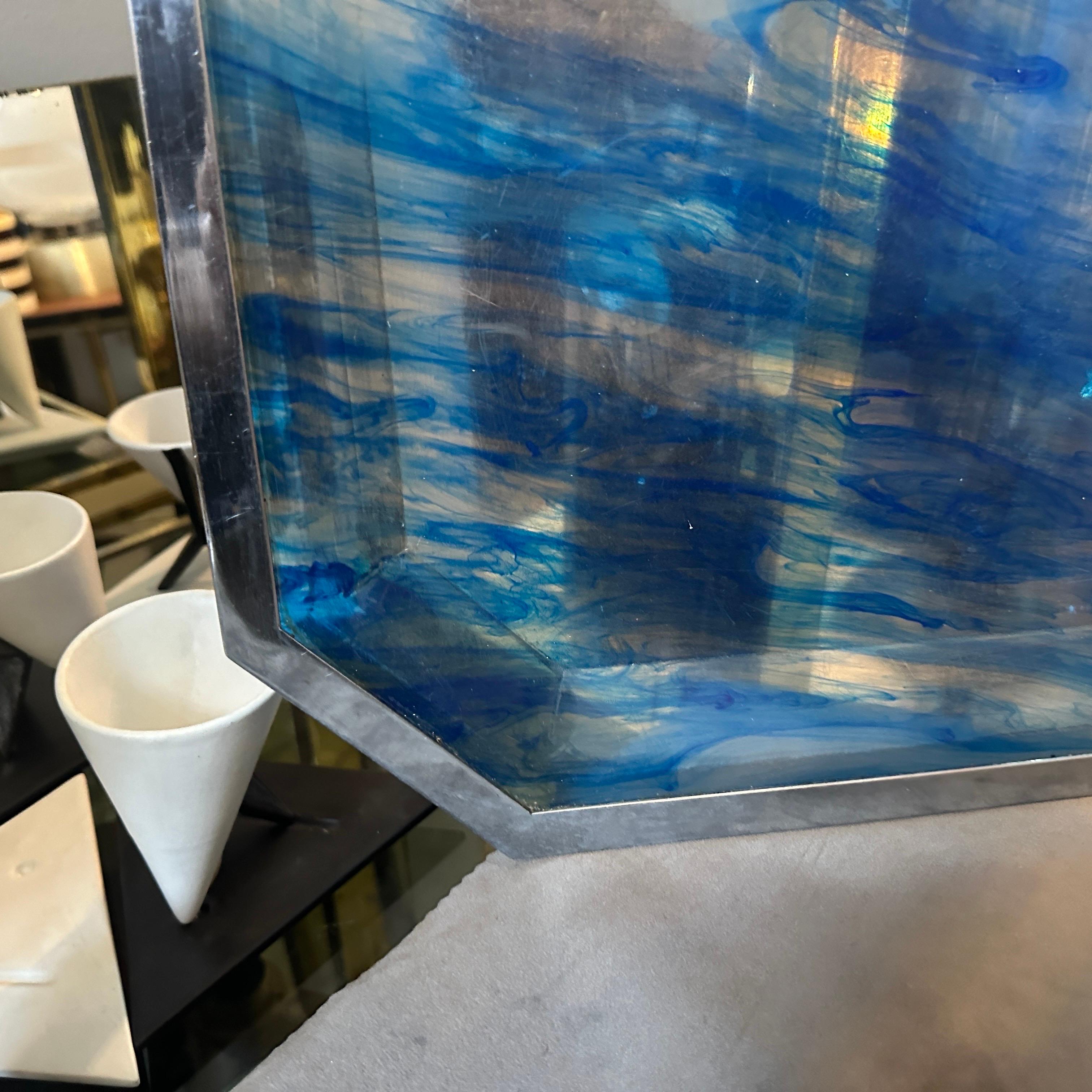 20th Century 1970s  Mid-Century Modern Sea Effect Lucite and Silver Plate Octagonal Tray For Sale