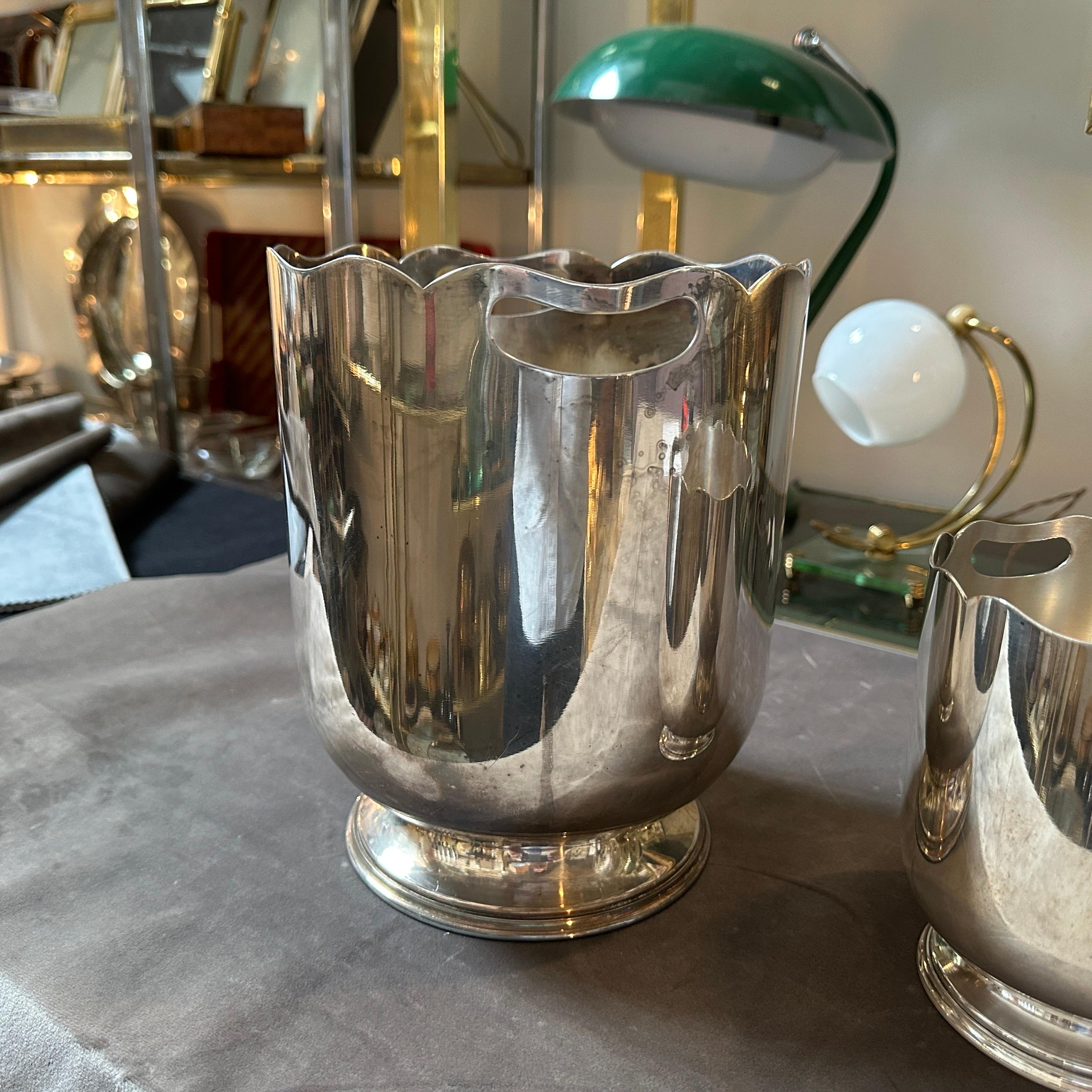 1970s Mid-Century Modern Silver Plated French Set of Wine Cooler and Ice Bucket For Sale 3