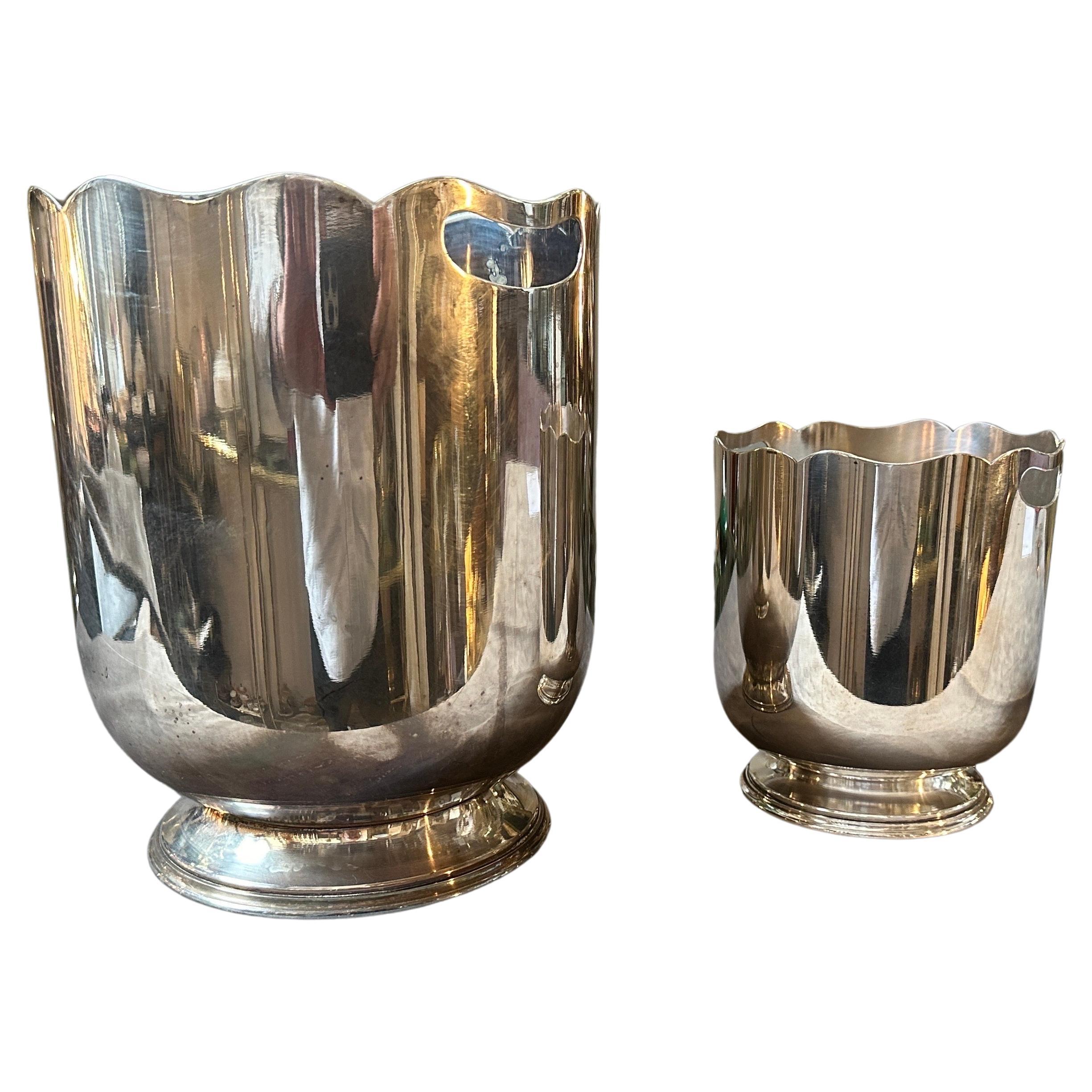 1970s Mid-Century Modern Silver Plated French Set of Wine Cooler and Ice Bucket For Sale