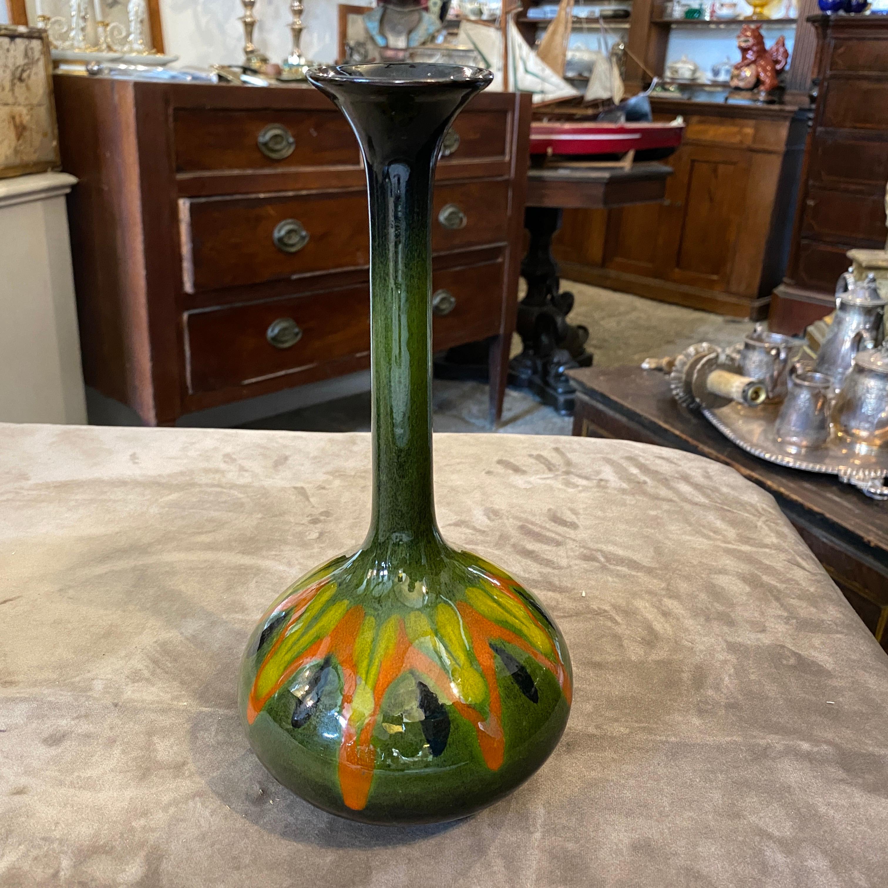 1970s Mid-Century Modern Single Flower Green Ceramic Vase by Bertoncello For Sale 4