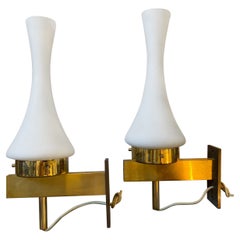 Vintage 1970s, Mid-Century Modern Solid Brass and Glass French Wall Sconces
