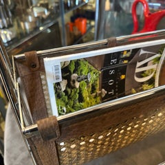 1970s Mid-Century Modern Steel, Leather and Wicker Italian Magazine Stand