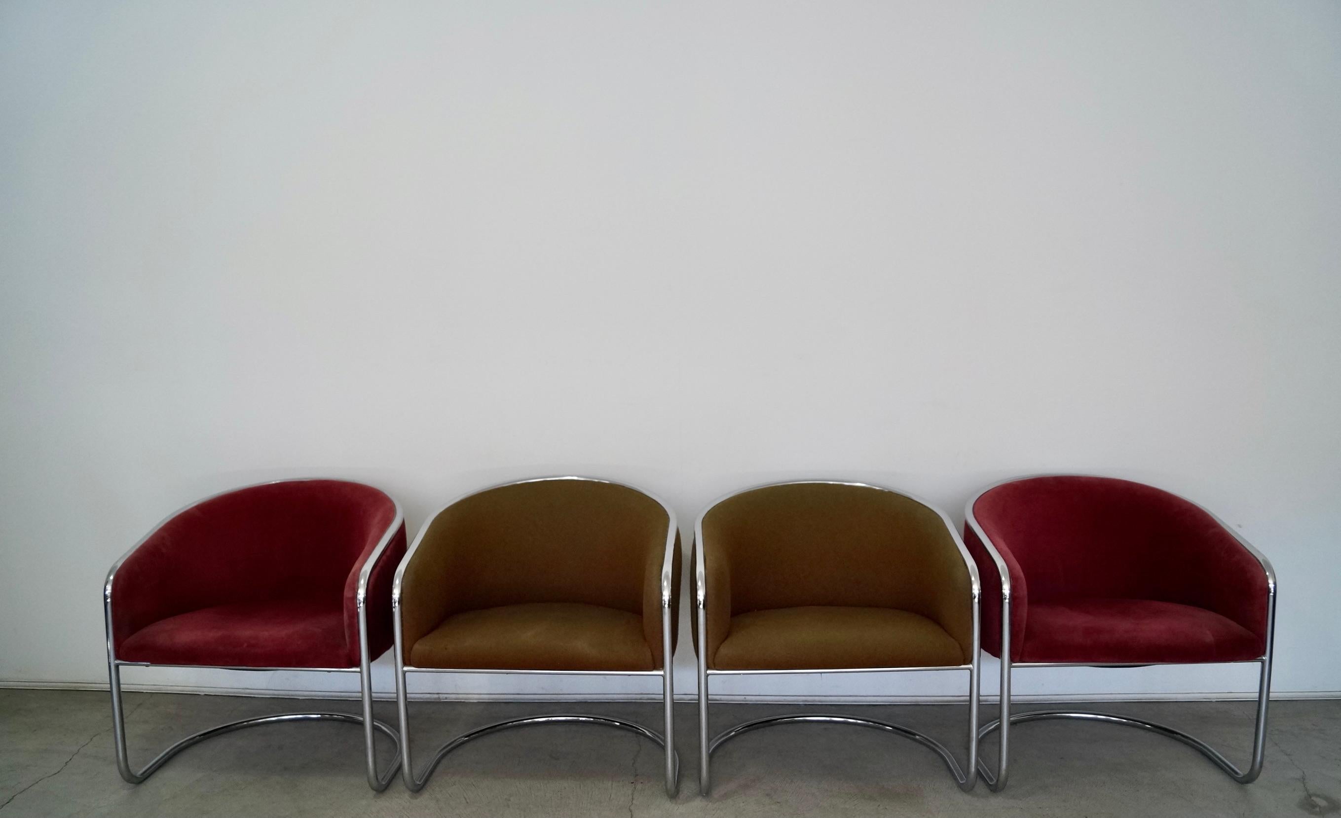 Vintage Mid-century Modern lounge chairs for sale. They are original Thonet chairs designed by Anton Lorenz, and have the original upholstery. The chrome frames have been polished, and can be reupholstered in a new fresh fabric of choice. They can