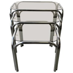 1970s Mid-Century modern tubular chrome and smoked glass nesting tables