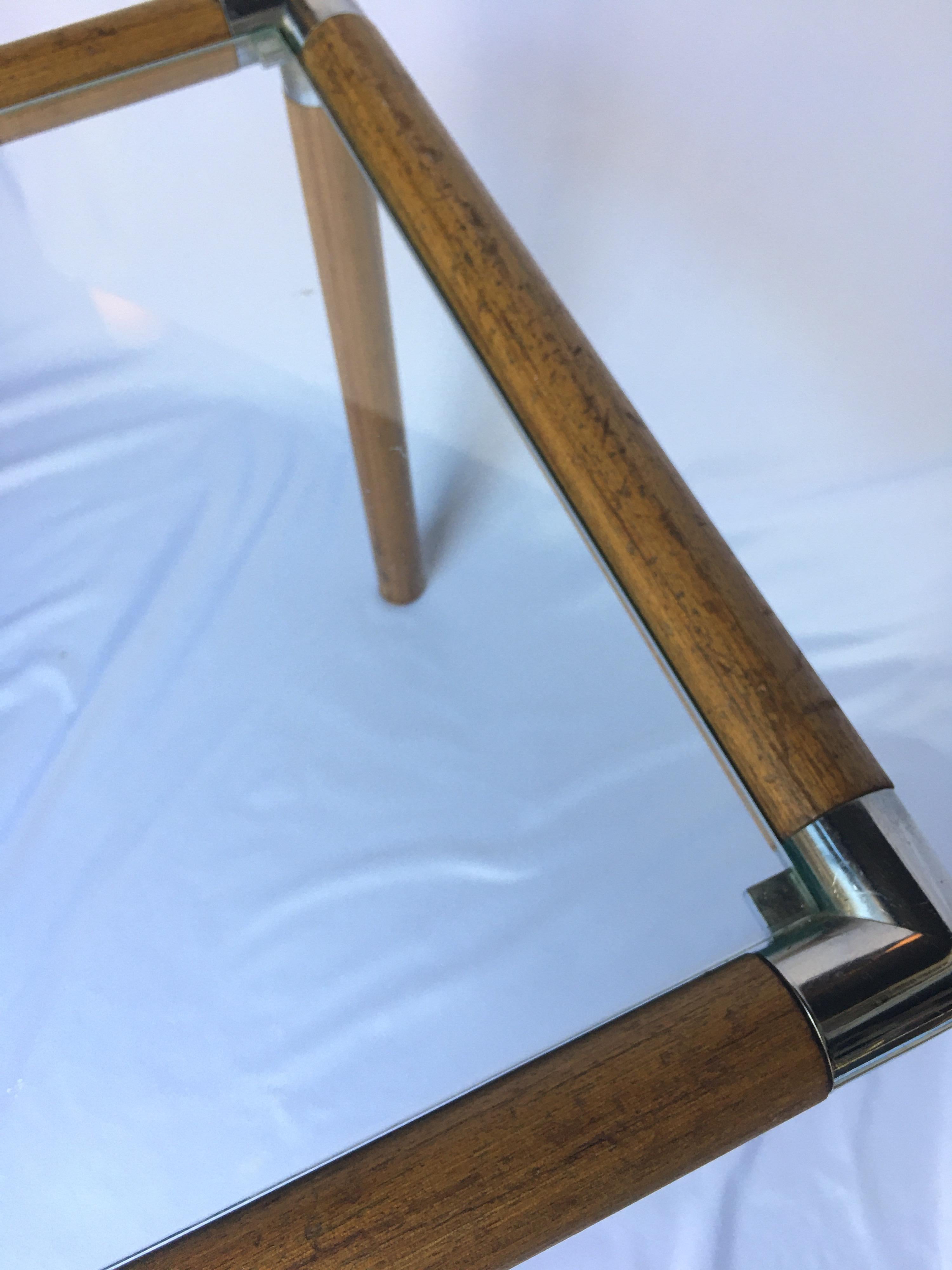 1970s Mid-Century Modern Tubular Wood and Chrome Glass Side End Table In Good Condition In Lambertville, NJ