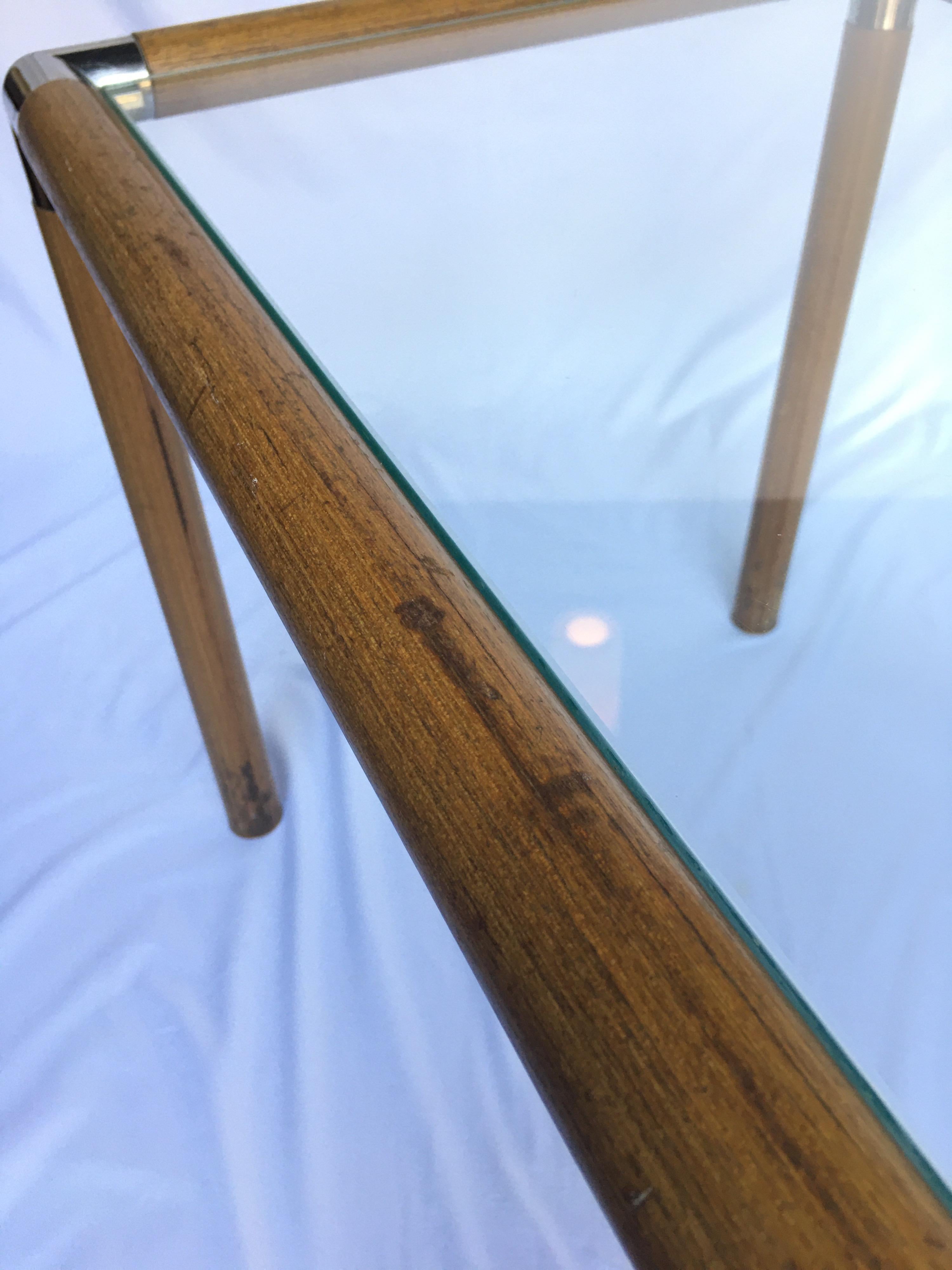 Late 20th Century 1970s Mid-Century Modern Tubular Wood and Chrome Glass Side End Table