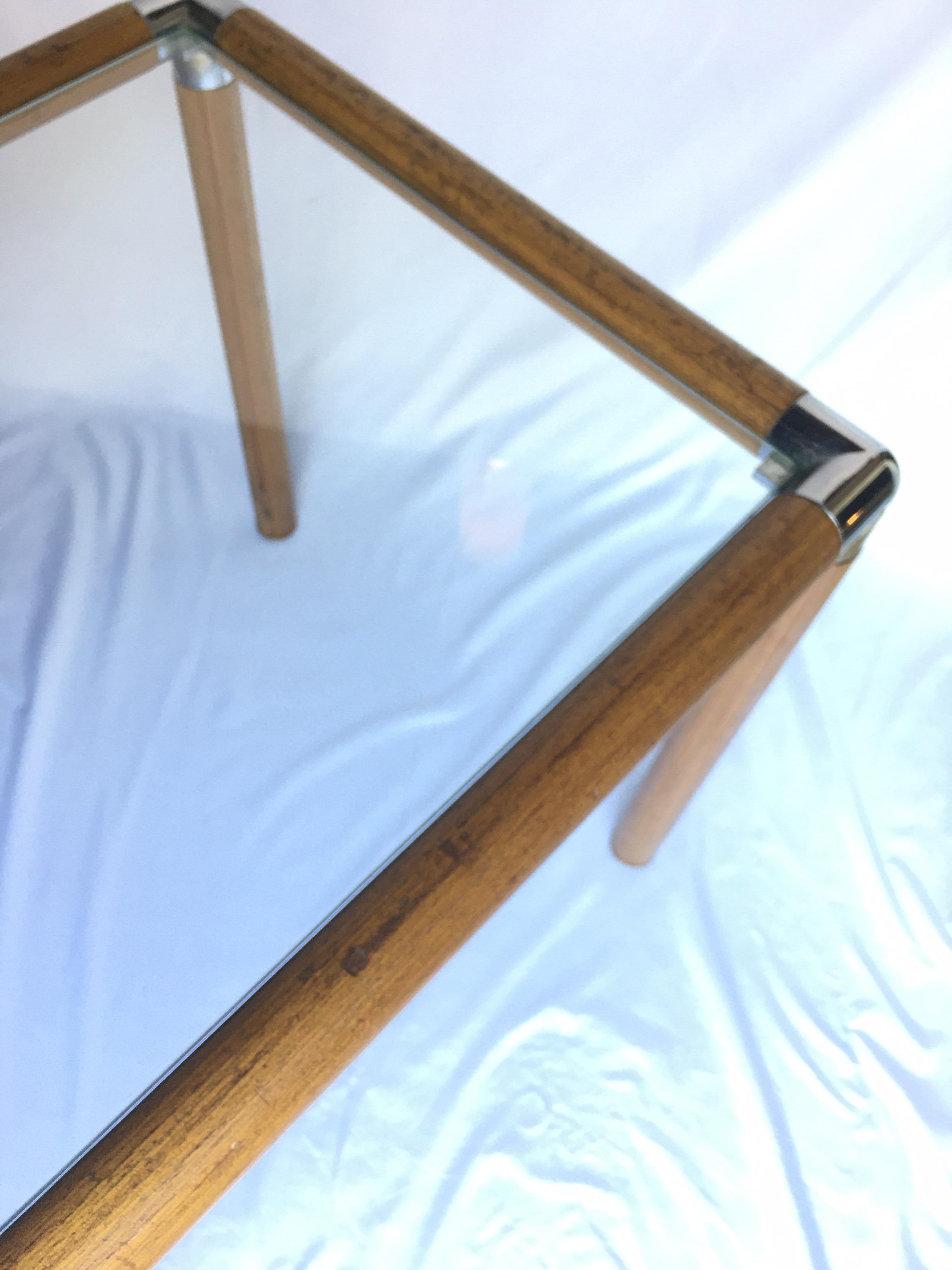 1970s Mid-Century Modern Tubular Wood and Chrome Glass Side End Table 1
