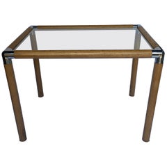 1970s Mid-Century Modern Tubular Wood and Chrome Glass Side End Table