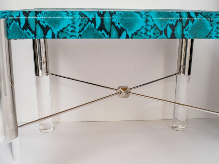 Lucite Turquoise Snakeskin Game Table in the Style of Karl Springer, c. 1970's  For Sale