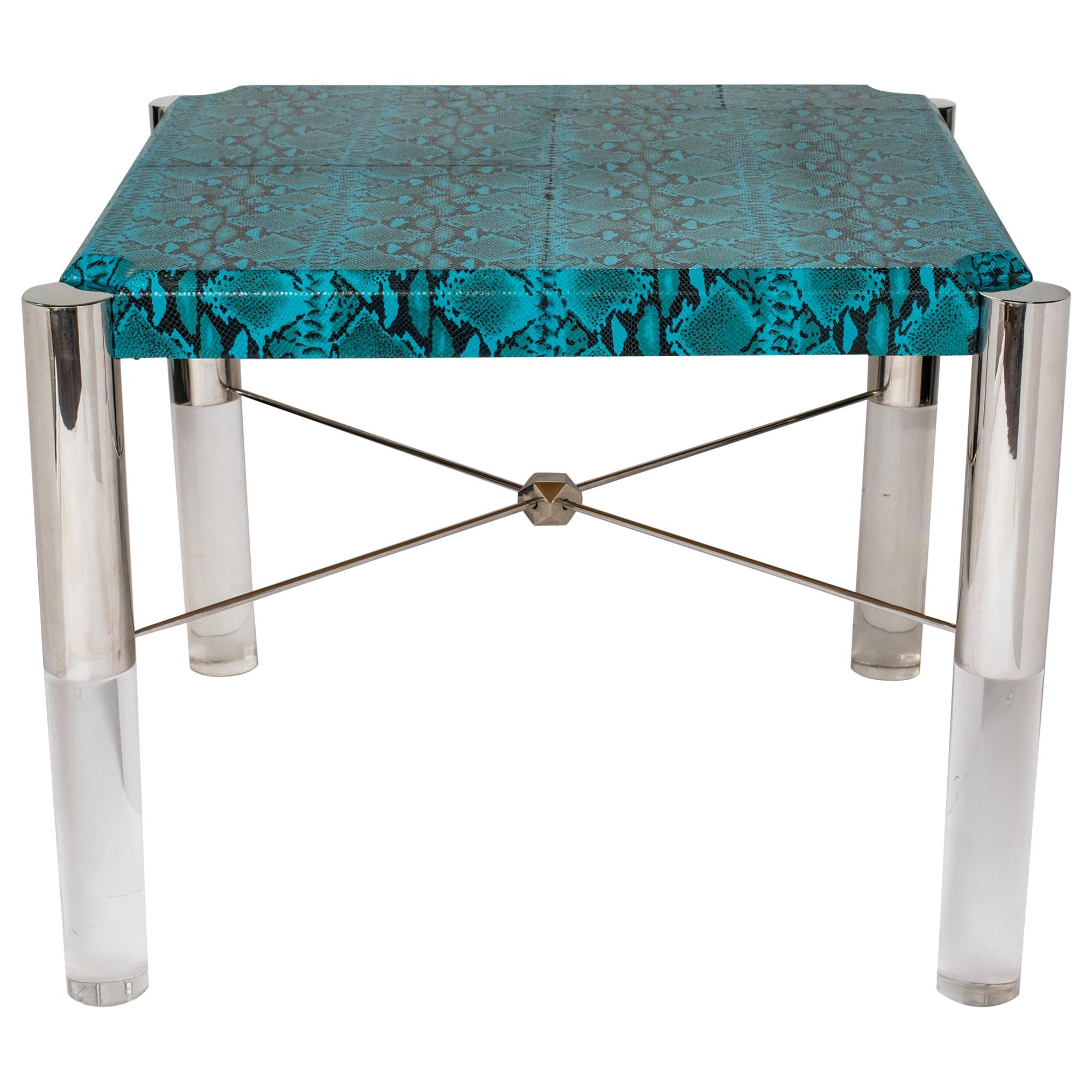 Turquoise Snakeskin Game Table in the Style of Karl Springer, c. 1970's  For Sale